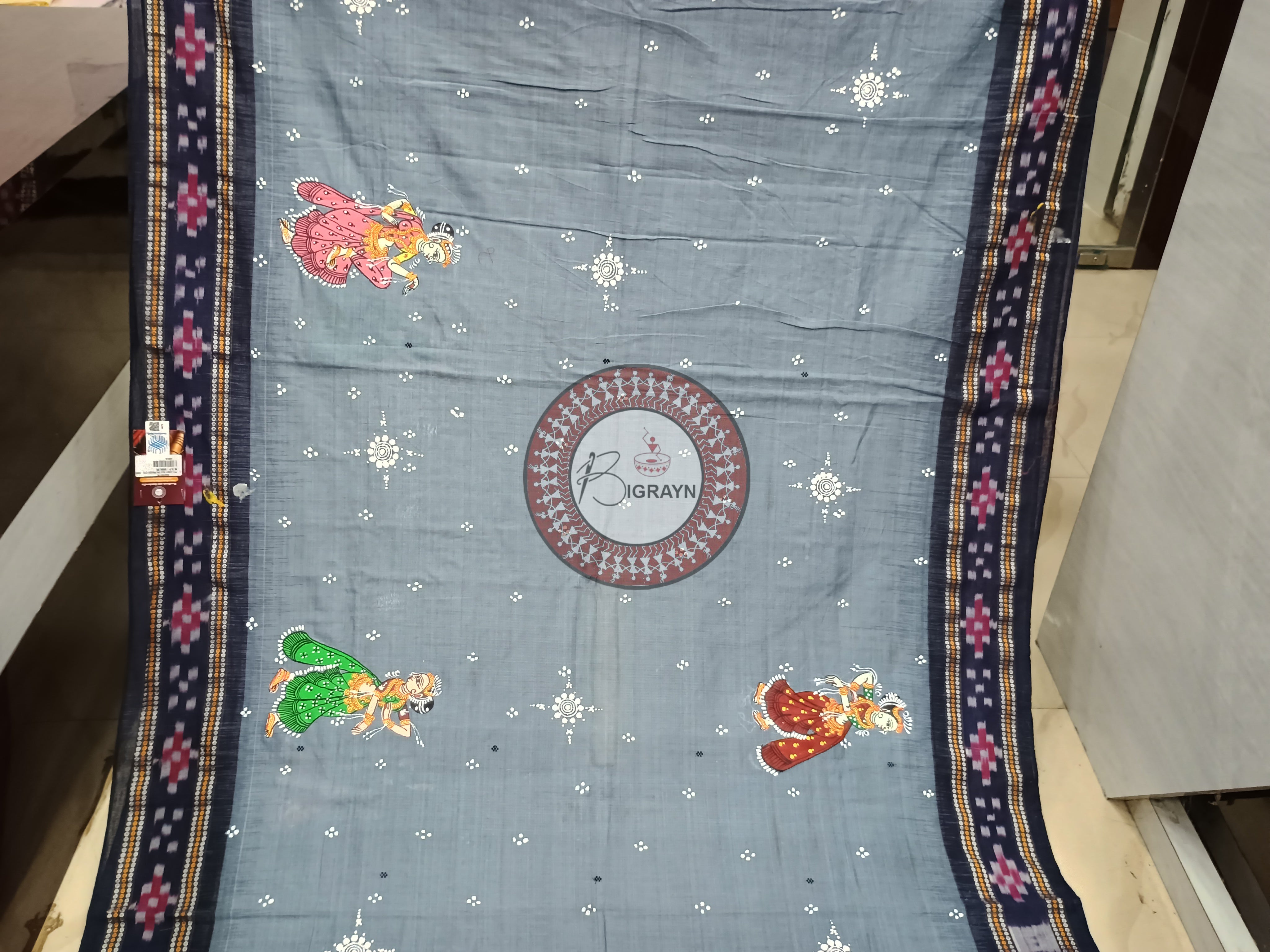 Grey Black Radha Krishna Rasa Pattachitra Cotton Saree