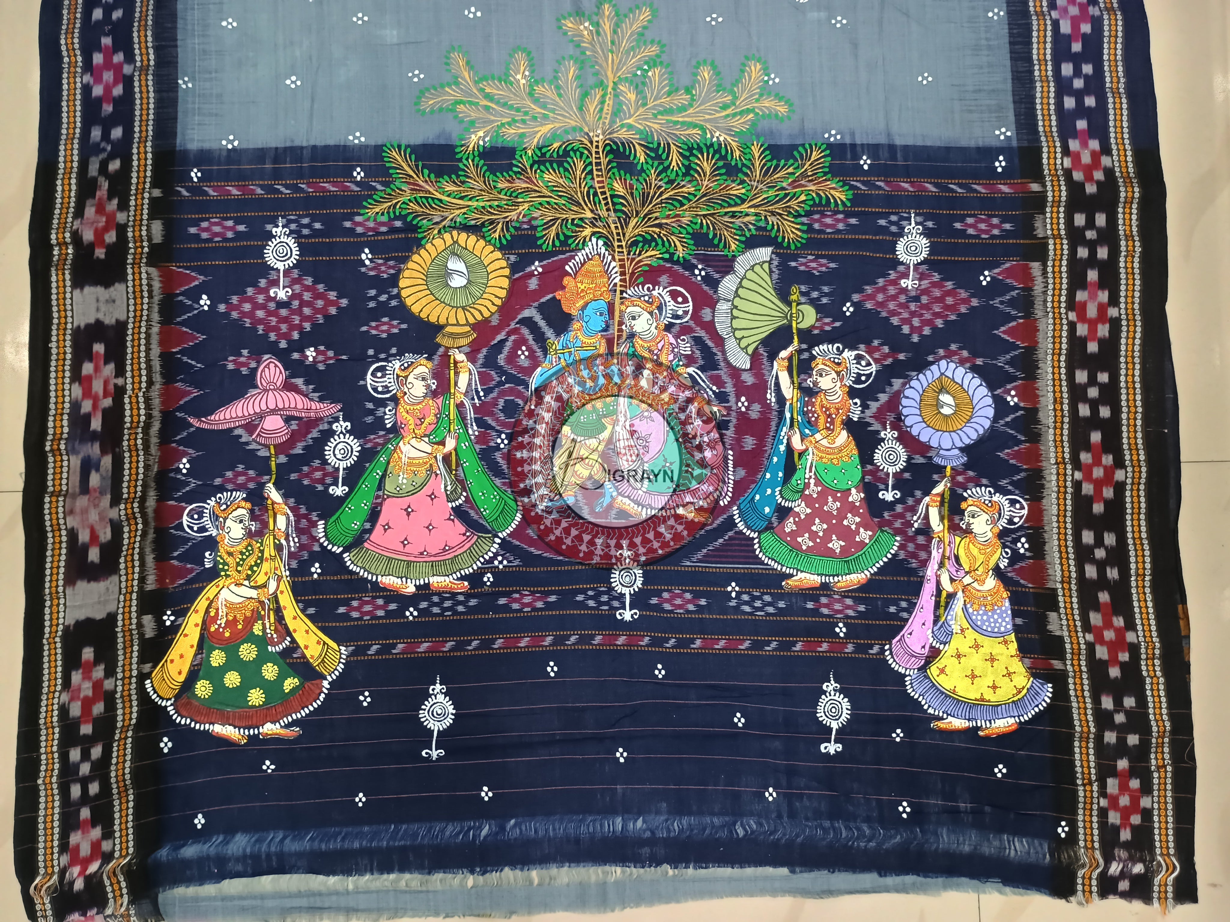 Grey Black Radha Krishna Rasa Pattachitra Cotton Saree