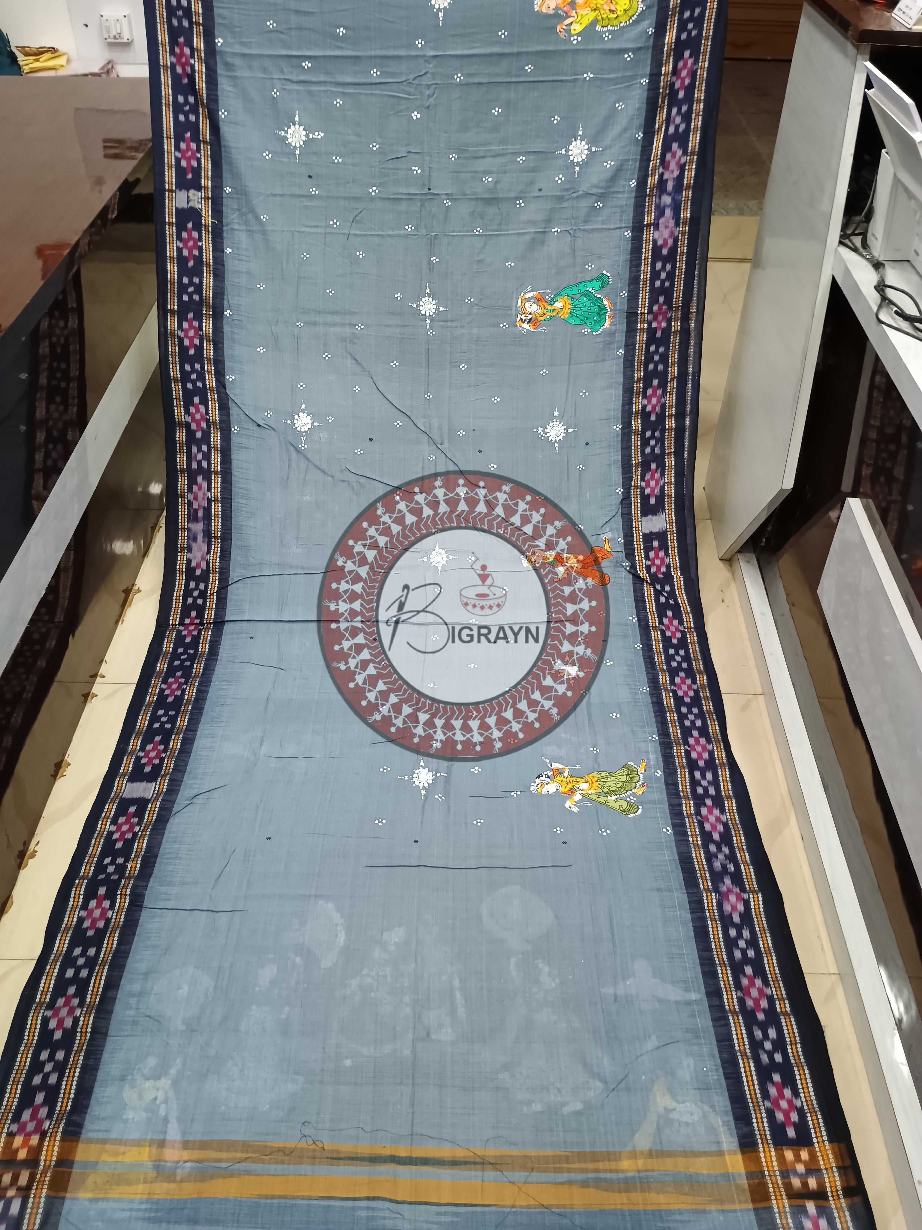 Grey Black Radha Krishna Rasa Pattachitra Cotton Saree