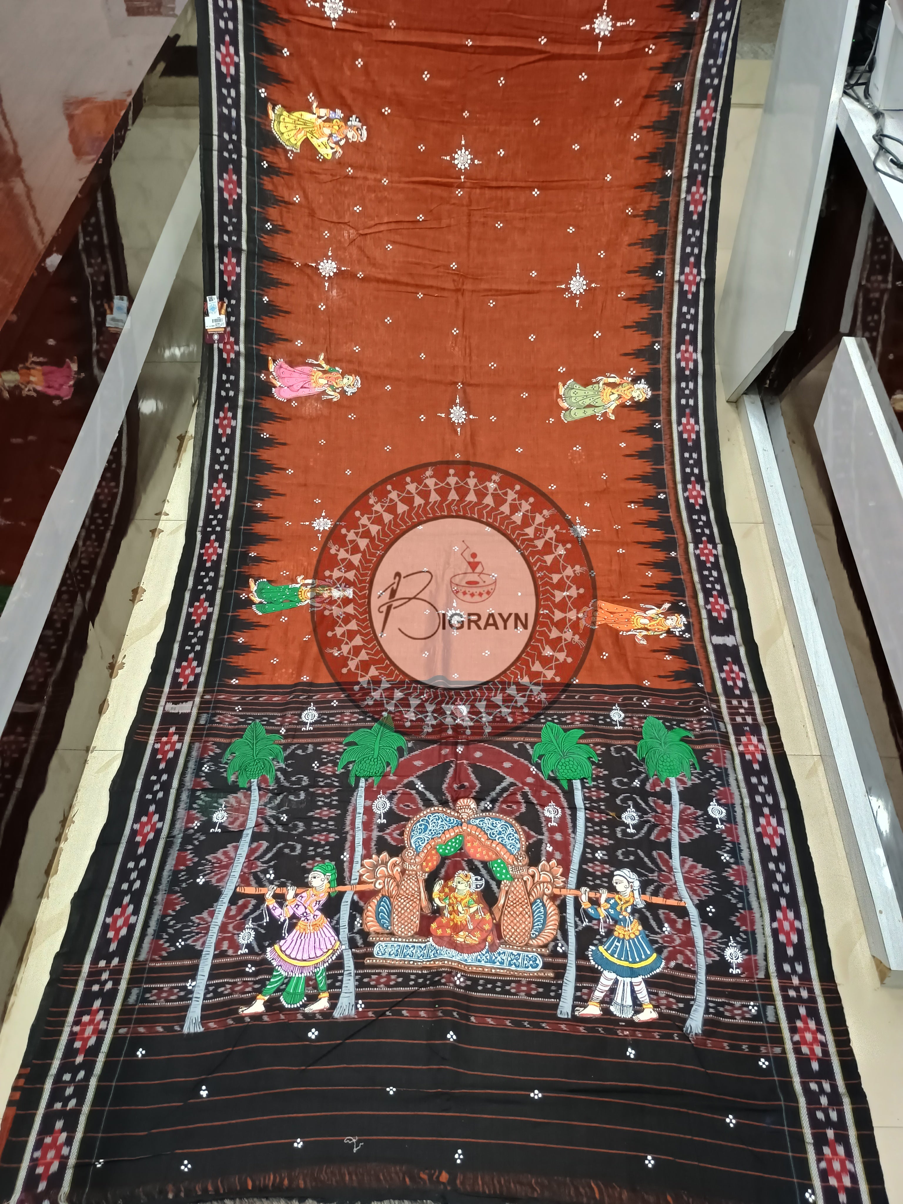 Brown Black Marriage Theme pattachitra Cotton Saree
