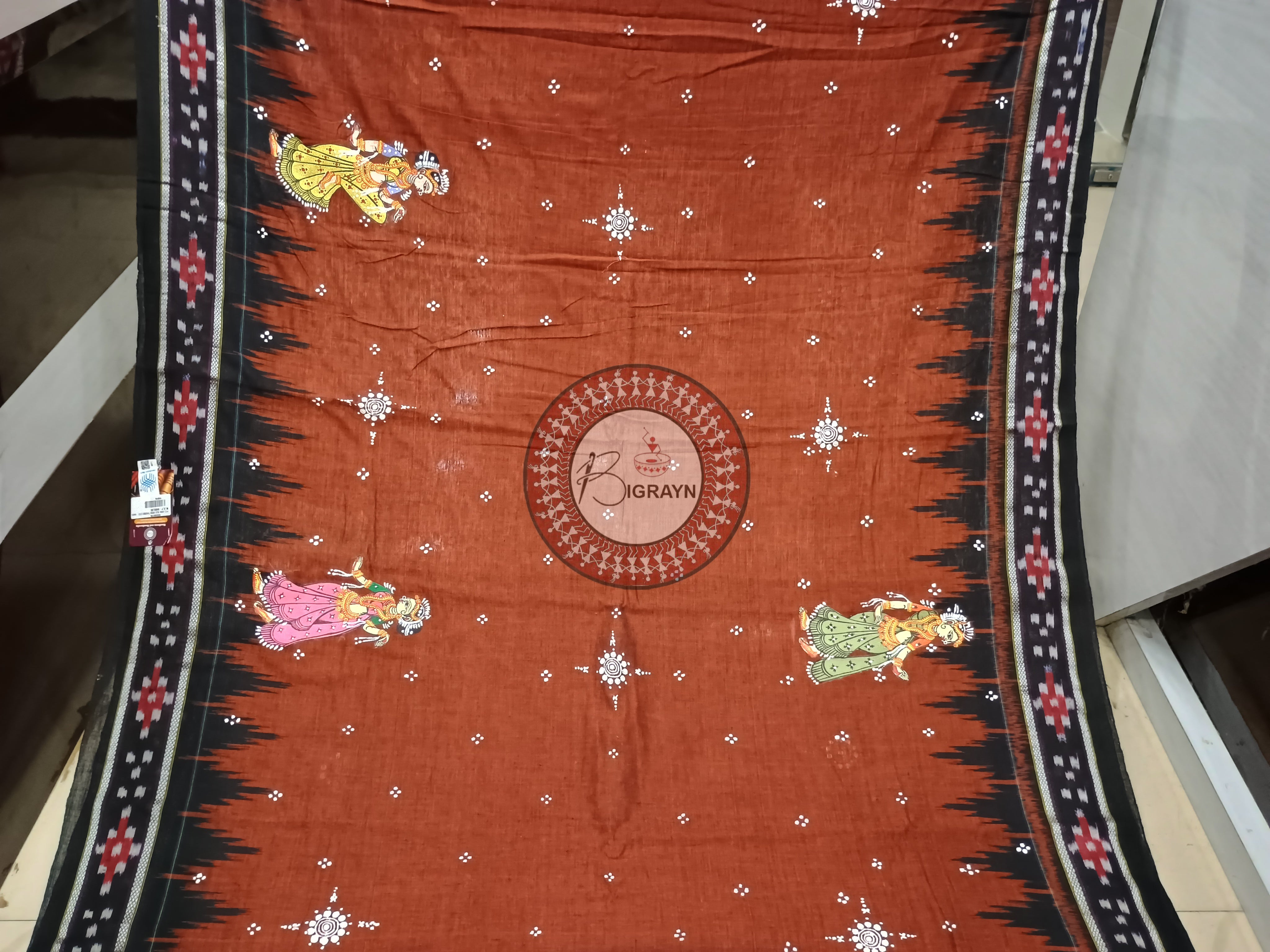Brown Black Marriage Theme pattachitra Cotton Saree