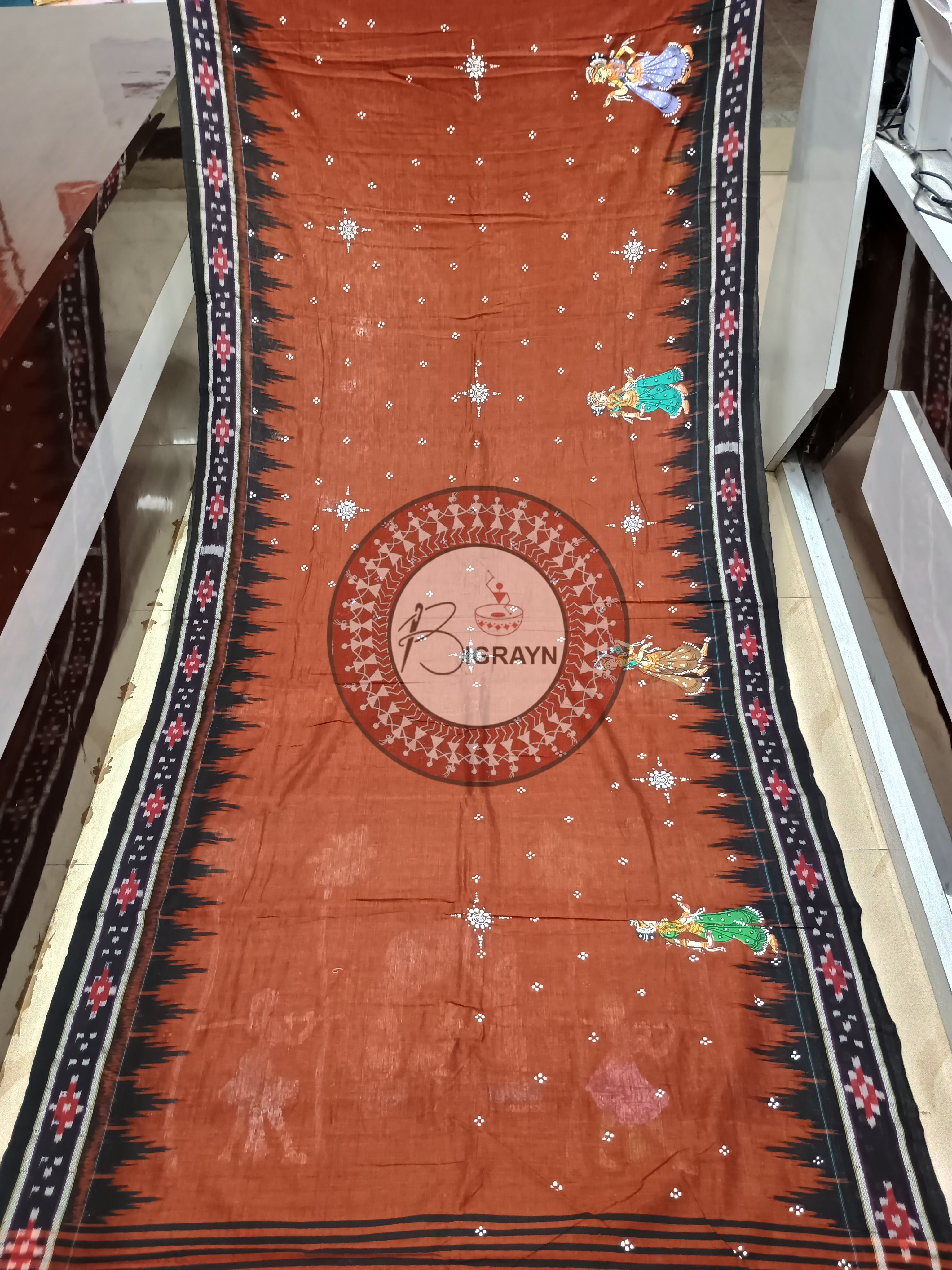Brown Black Marriage Theme pattachitra Cotton Saree