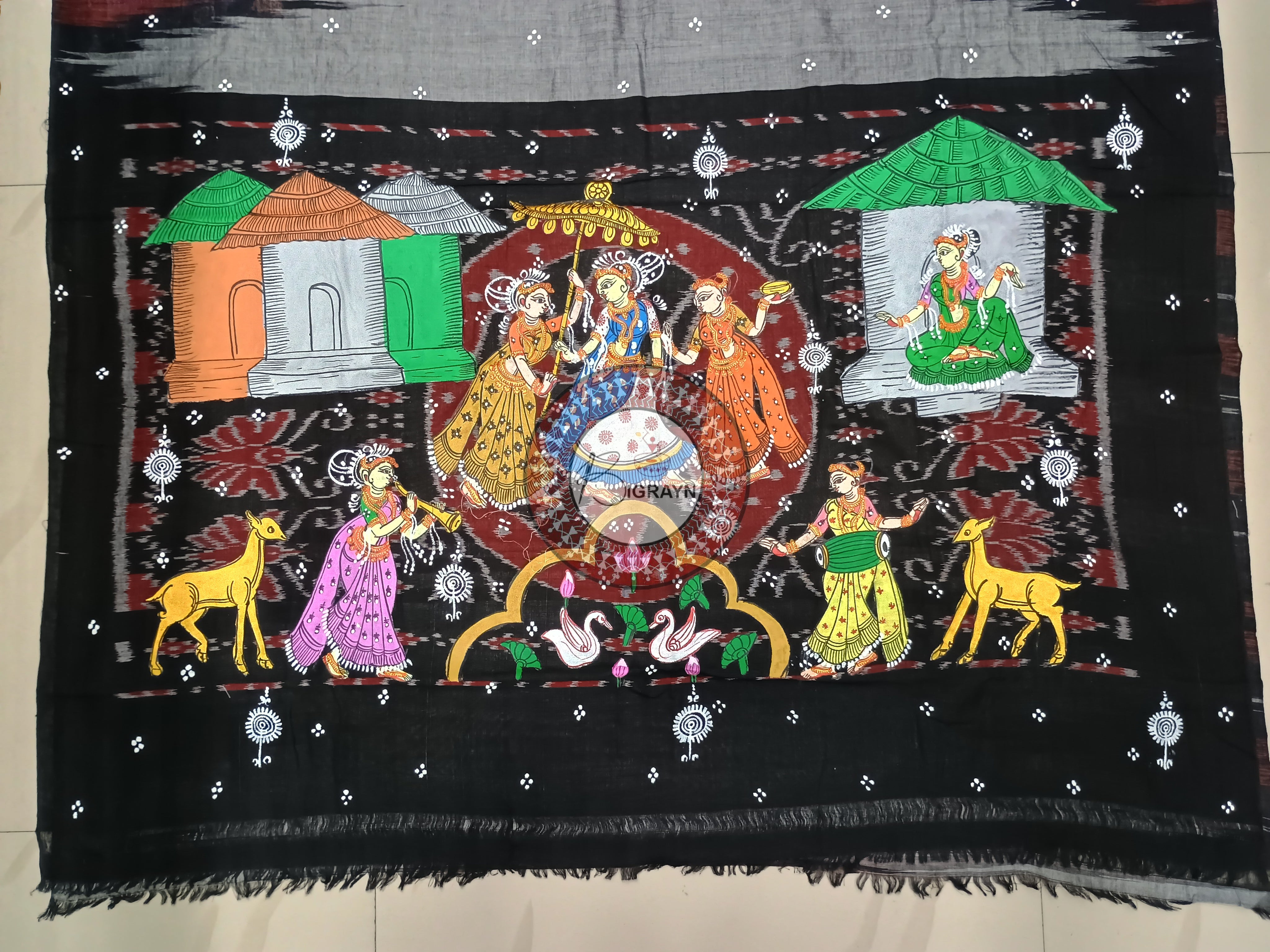Grey Village Theme Pattachitra Cotton Saree