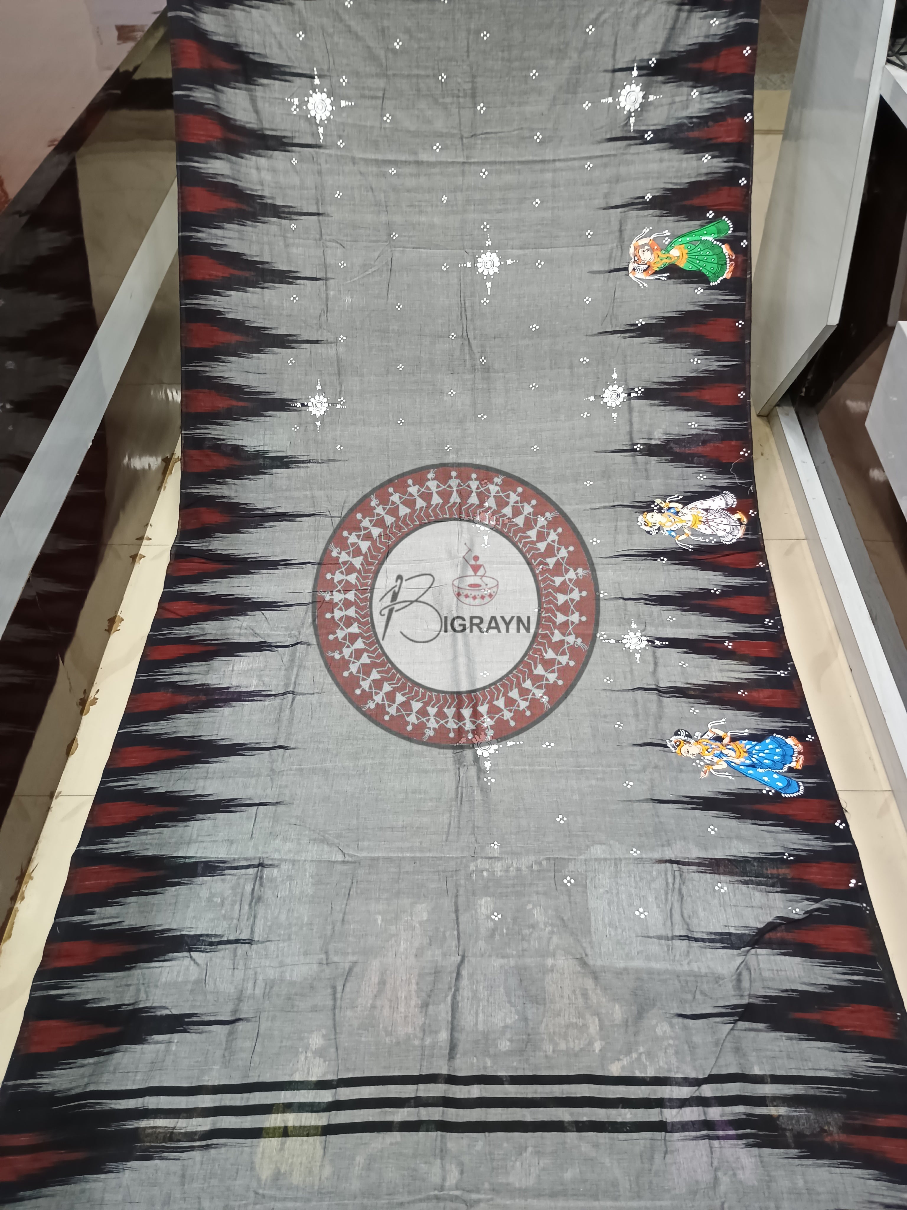 Grey Village Theme Pattachitra Cotton Saree