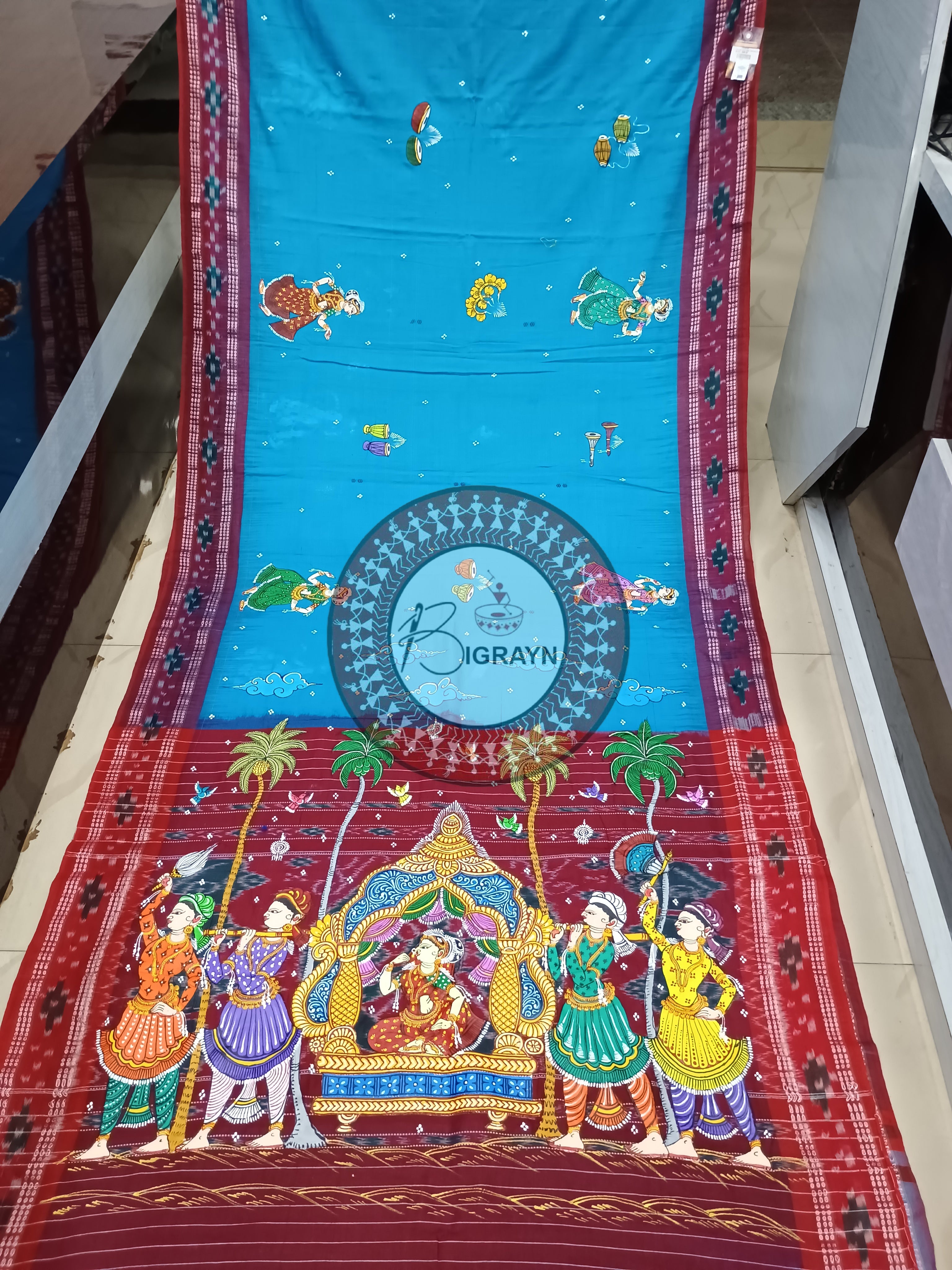 Sky Blue Marriage Theme Pattachitra Cotton Saree
