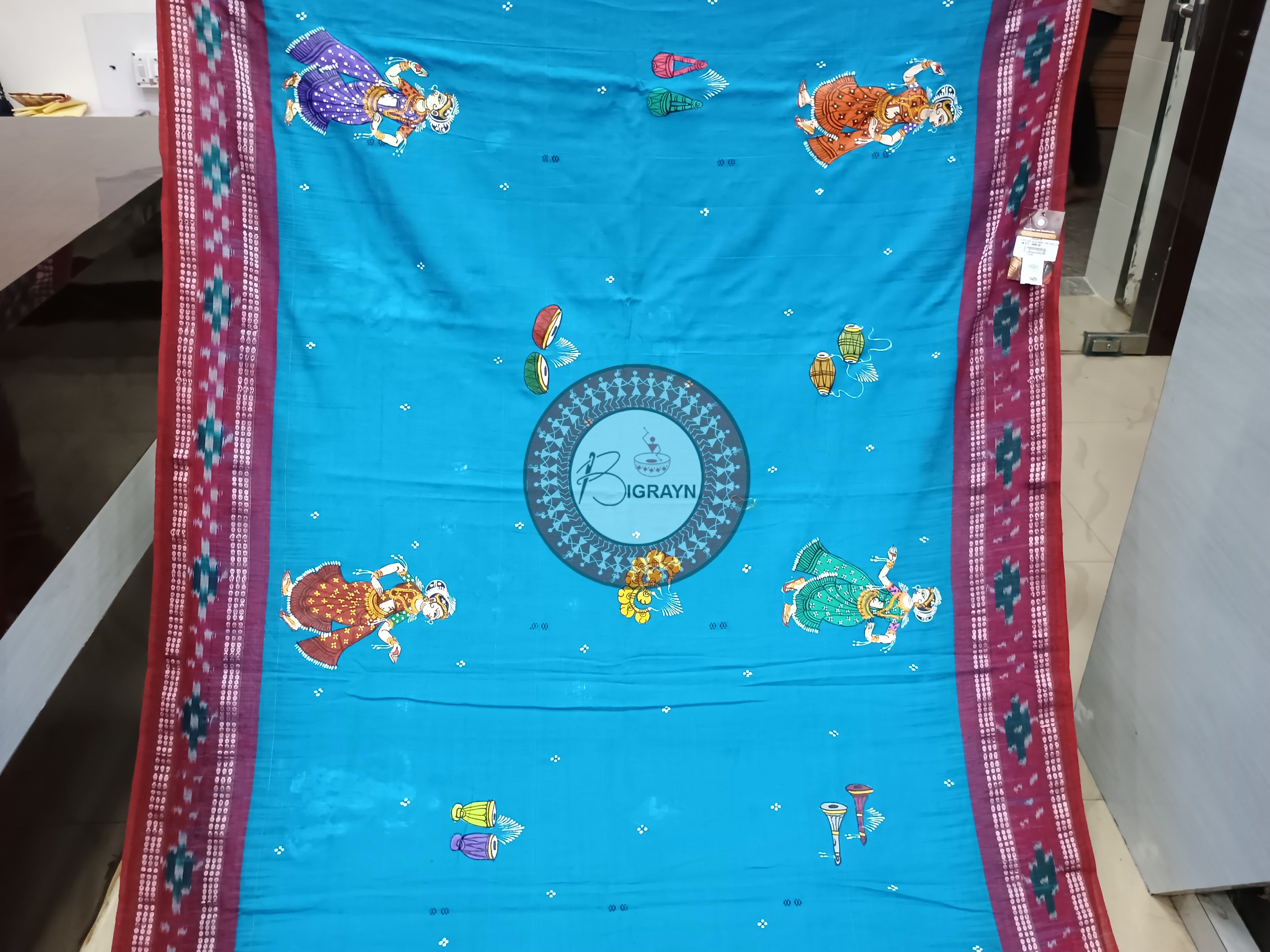 Sky Blue Marriage Theme Pattachitra Cotton Saree