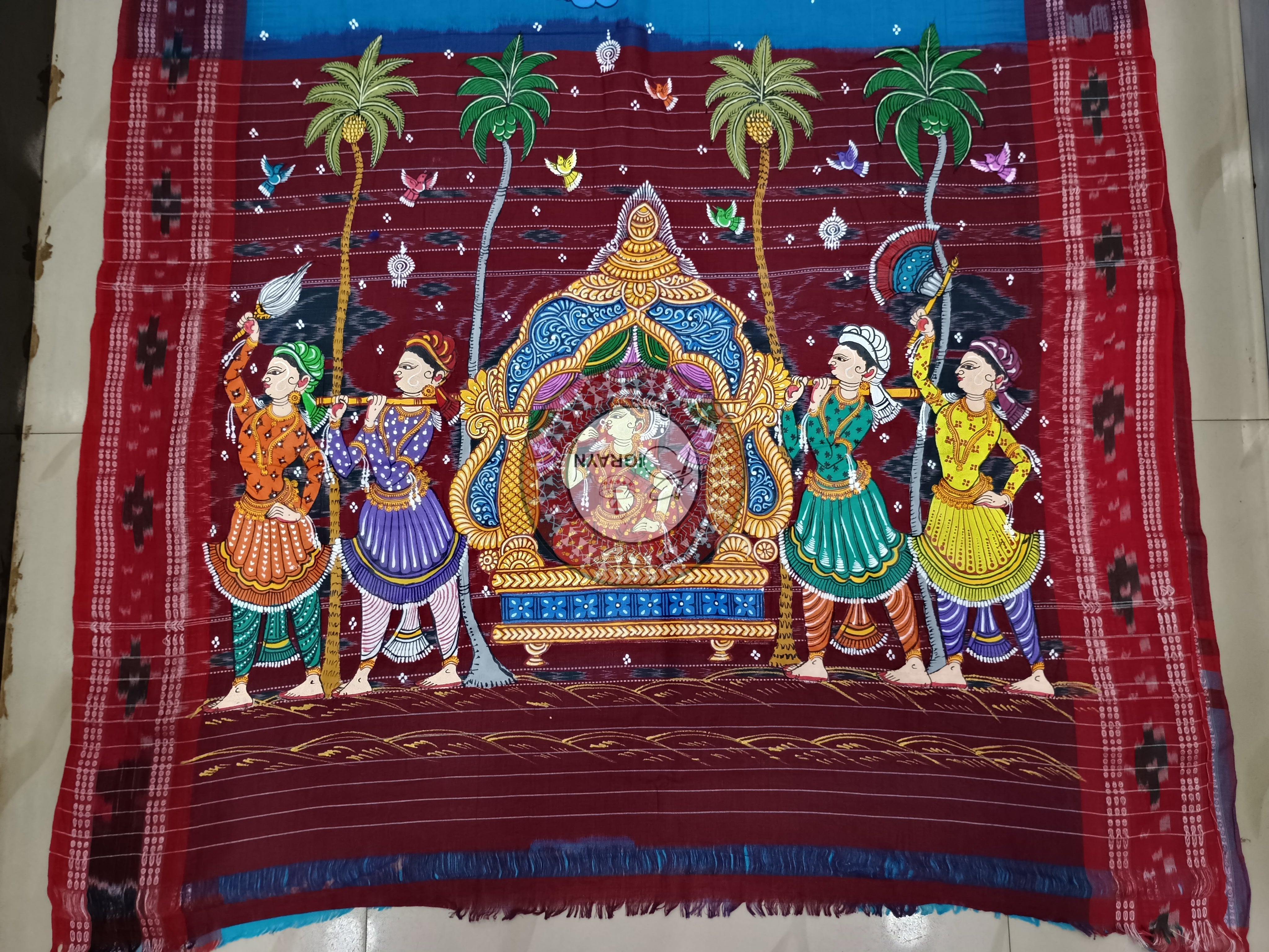Sky Blue Marriage Theme Pattachitra Cotton Saree