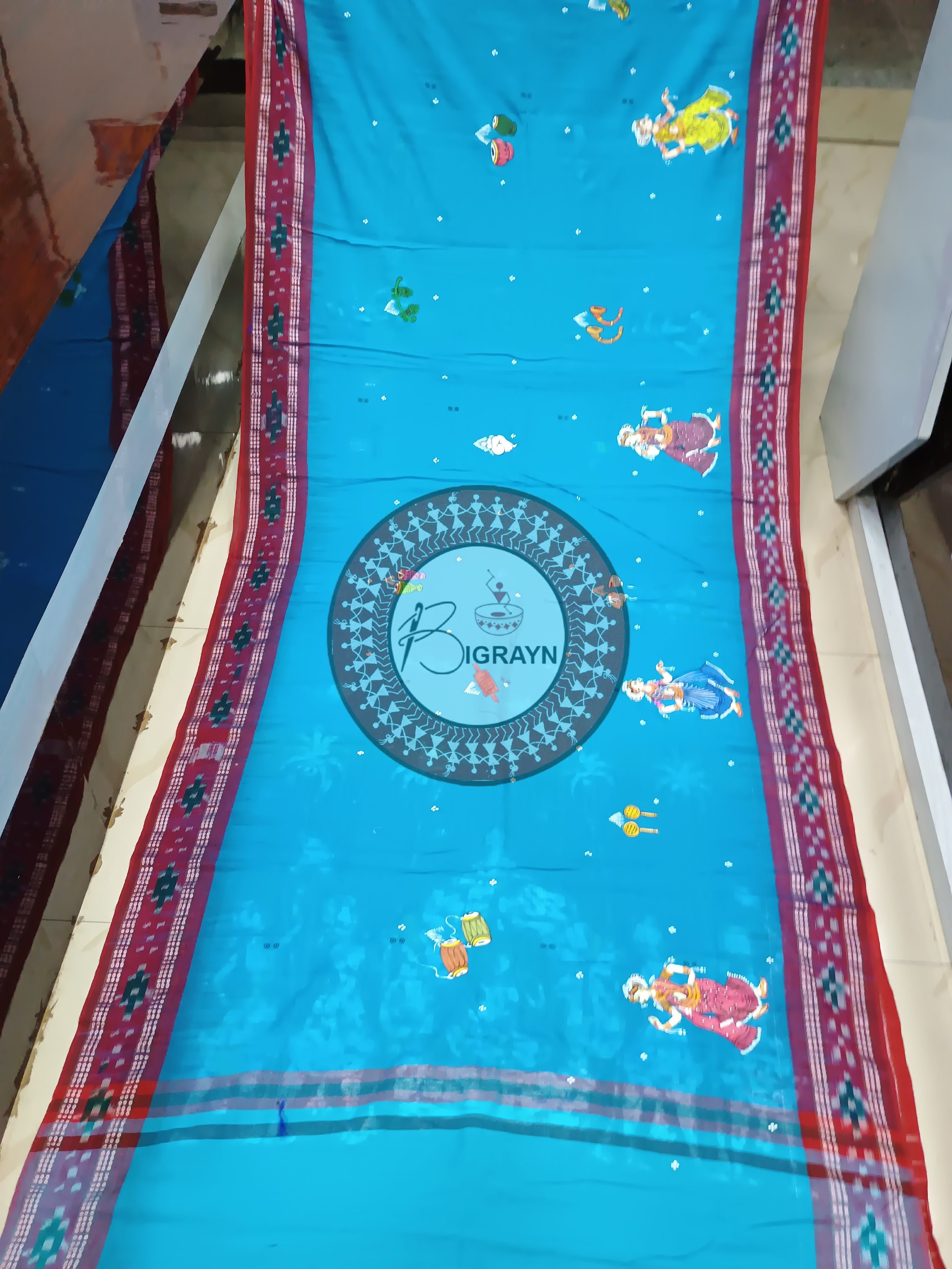 Sky Blue Marriage Theme Pattachitra Cotton Saree