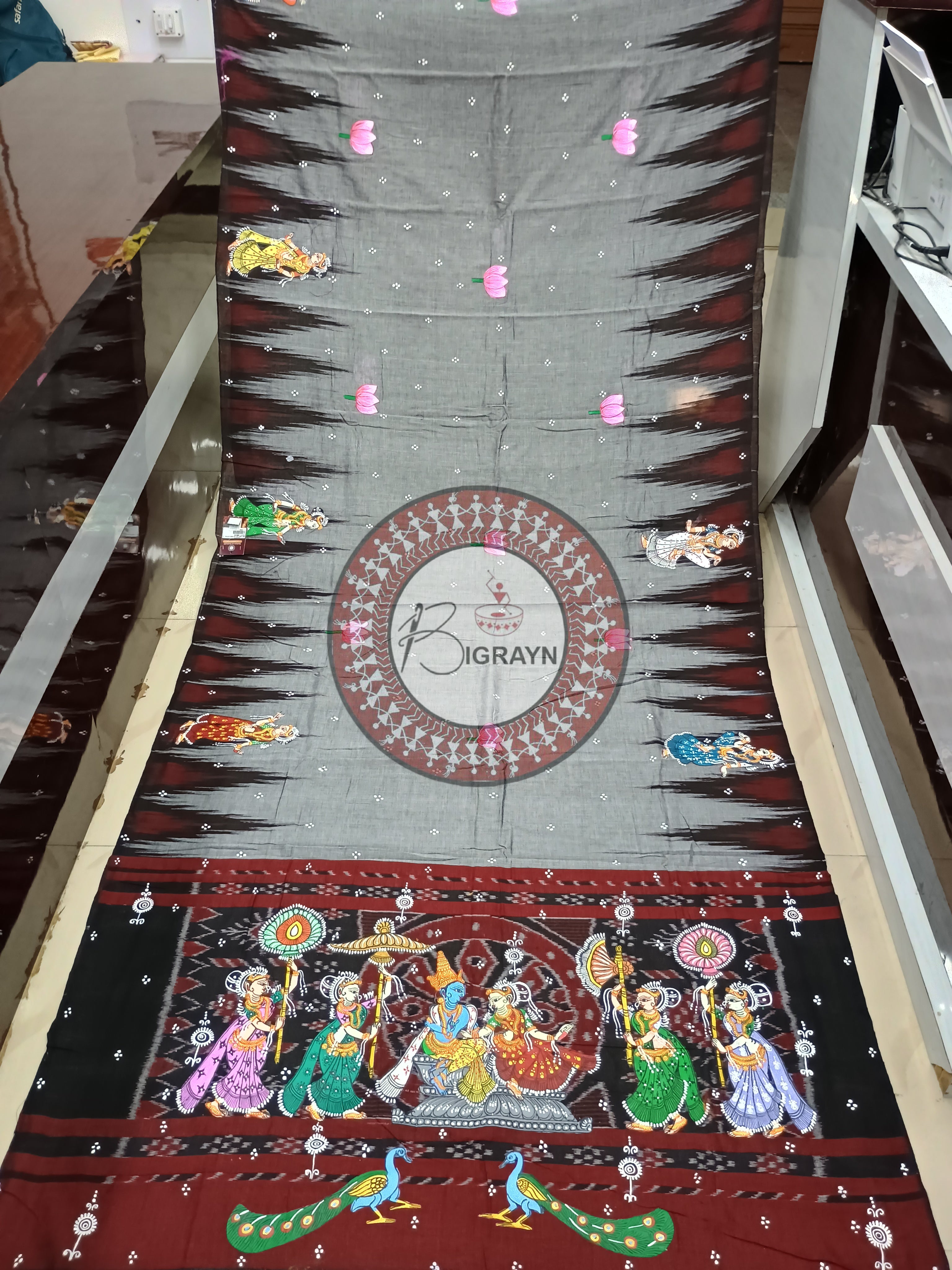 Grey Black Radha Krishna Rasa Pattachitra Cotton Saree