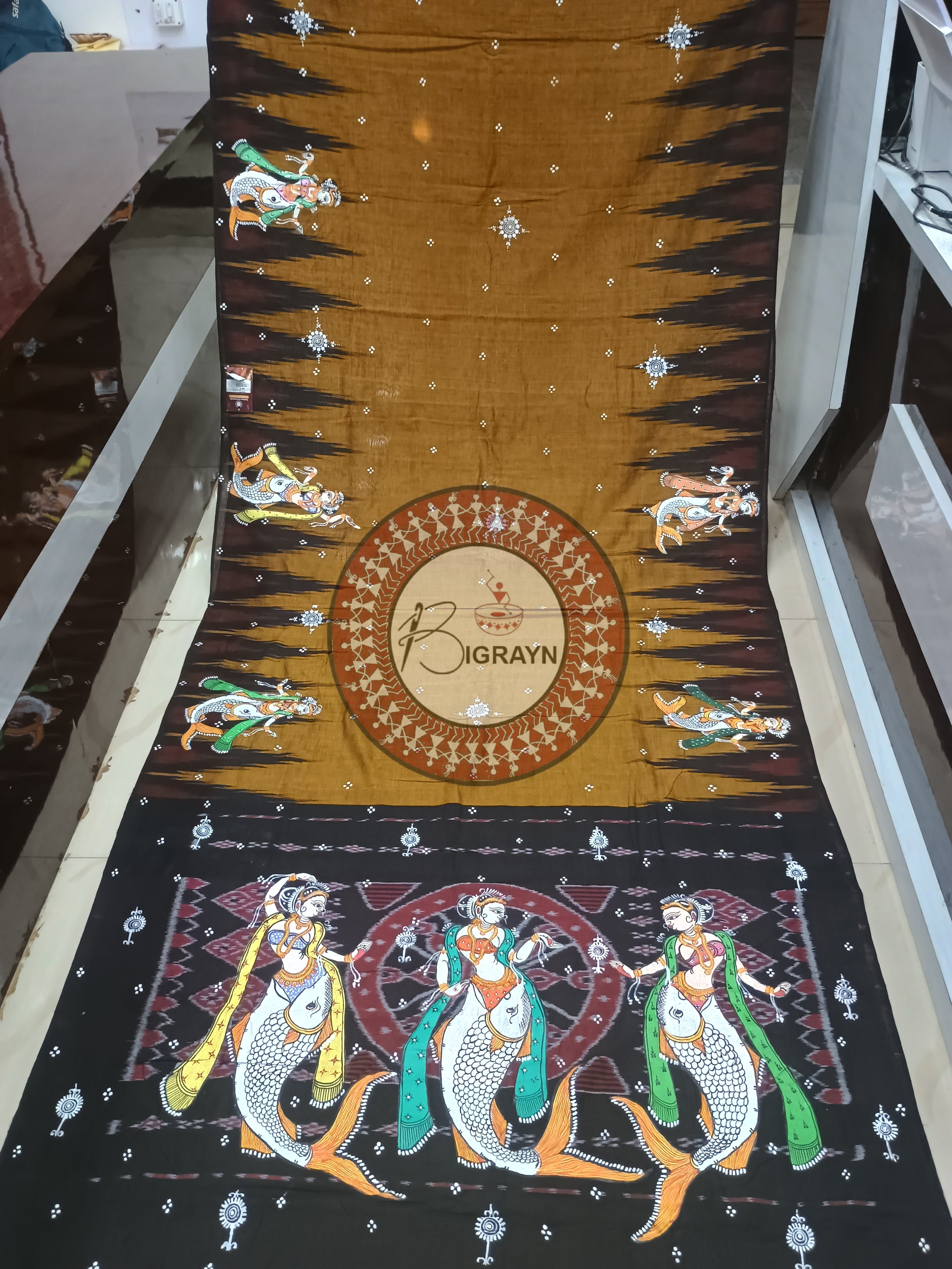 Golden Black Mastya Kanya Pattachitra Cotton Saree