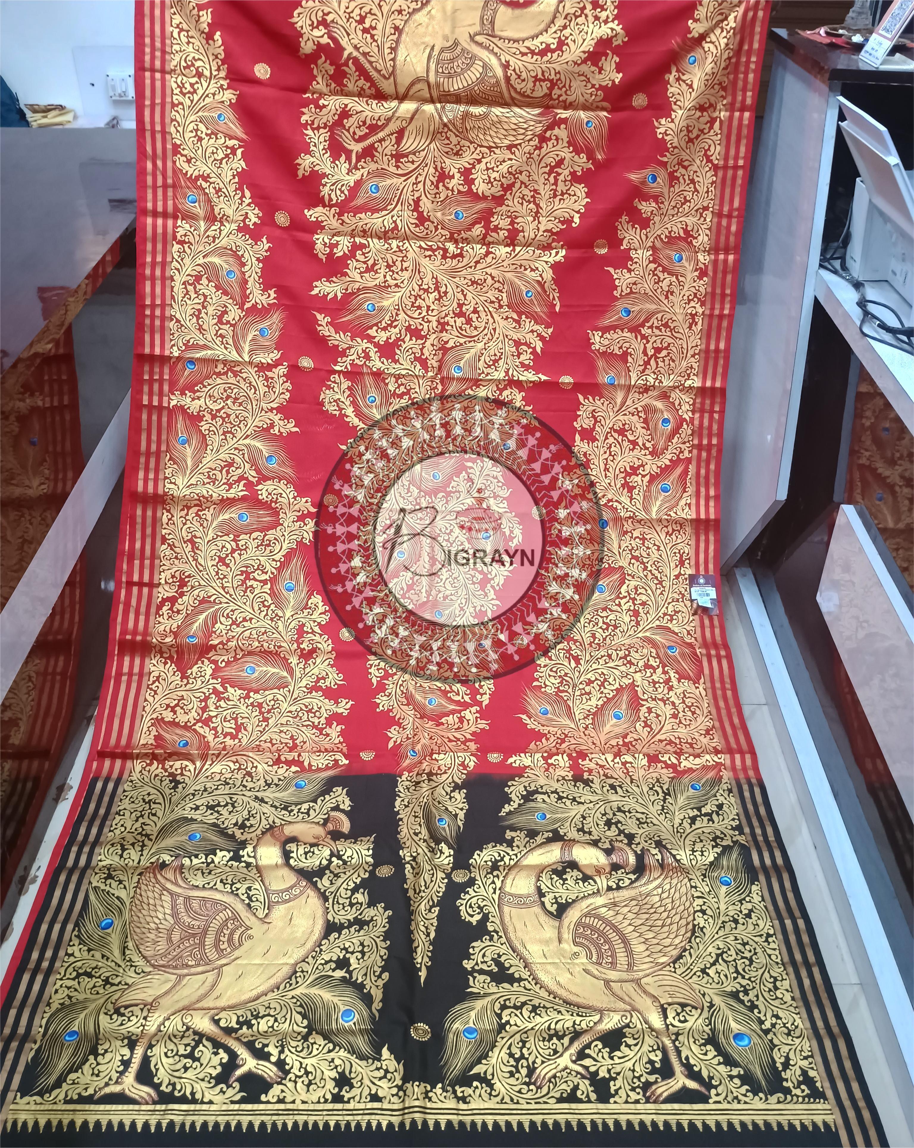 Red Black Peacock Theme Pattachitra Kanjivaram Silk Saree