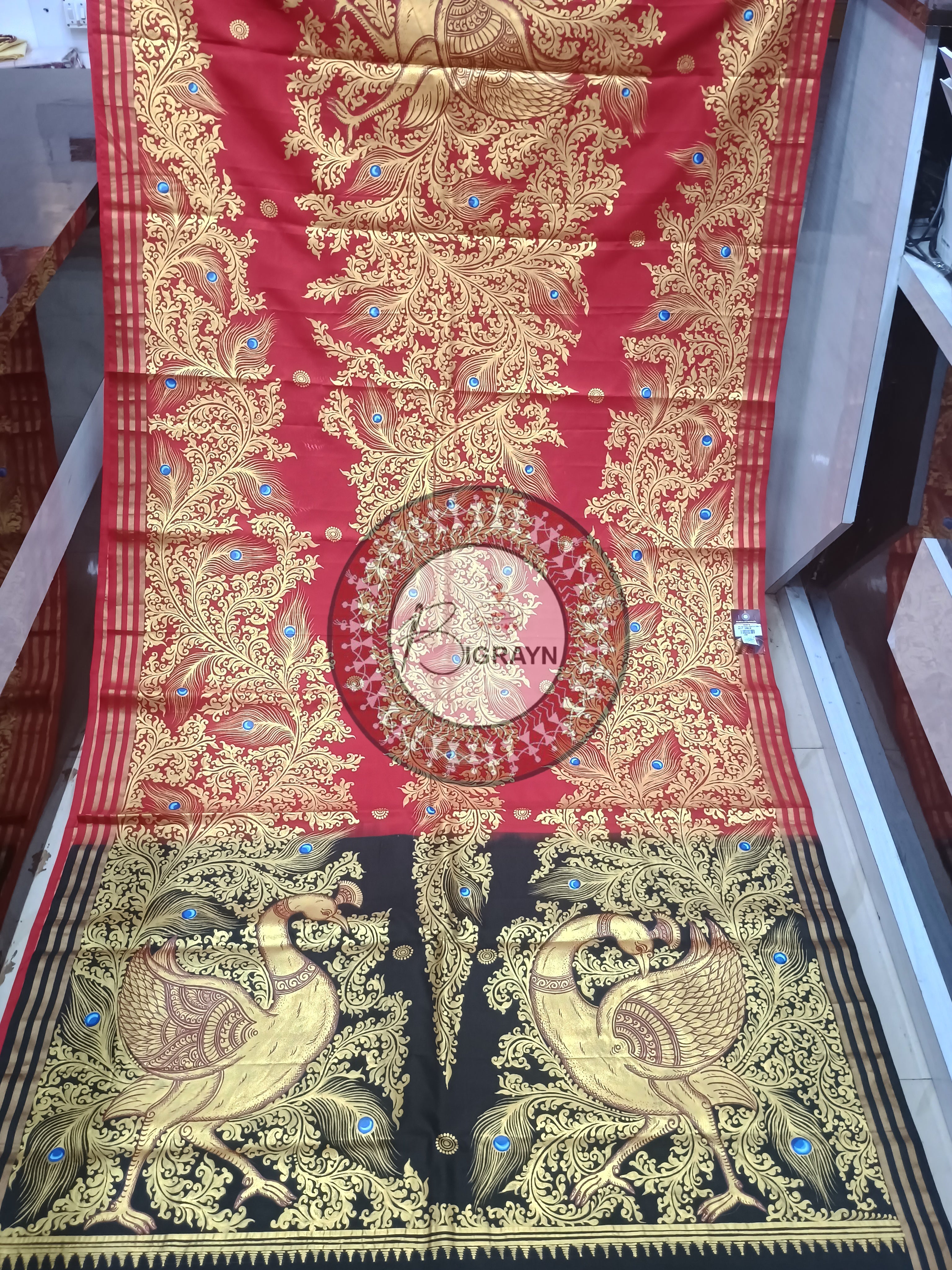 Red Black Peacock Theme Pattachitra Kanjivaram Silk Saree