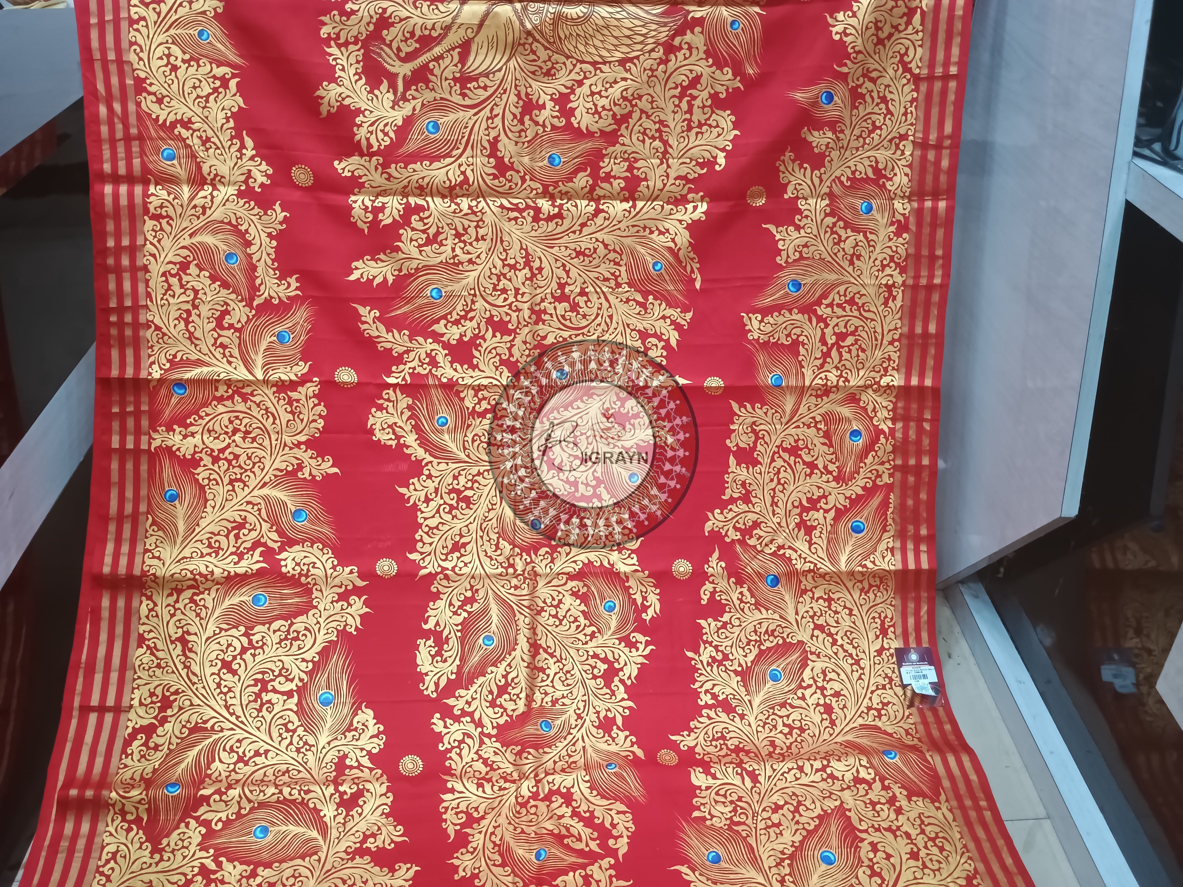 Red Black Peacock Theme Pattachitra Kanjivaram Silk Saree