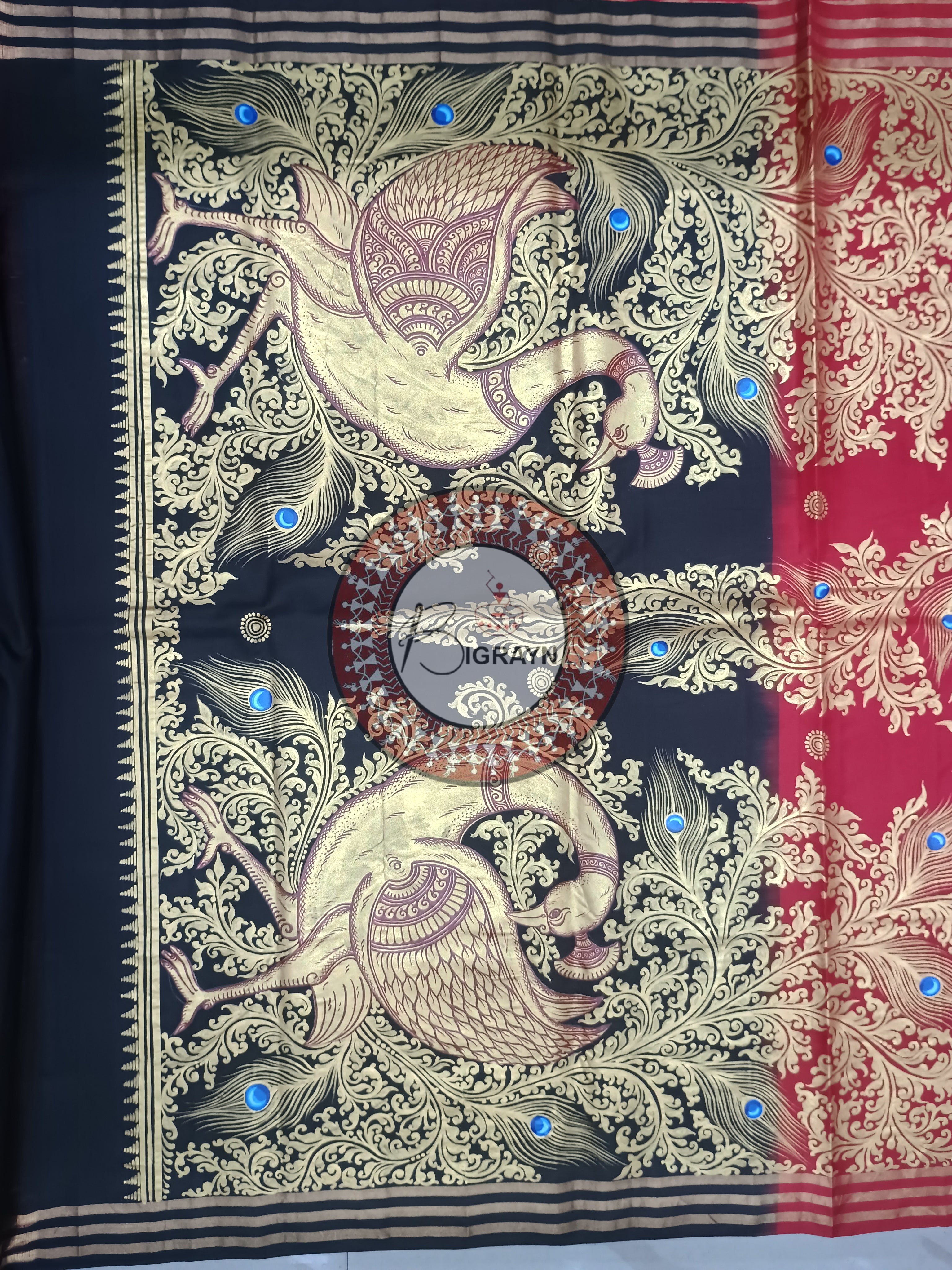 Red Black Peacock Theme Pattachitra Kanjivaram Silk Saree