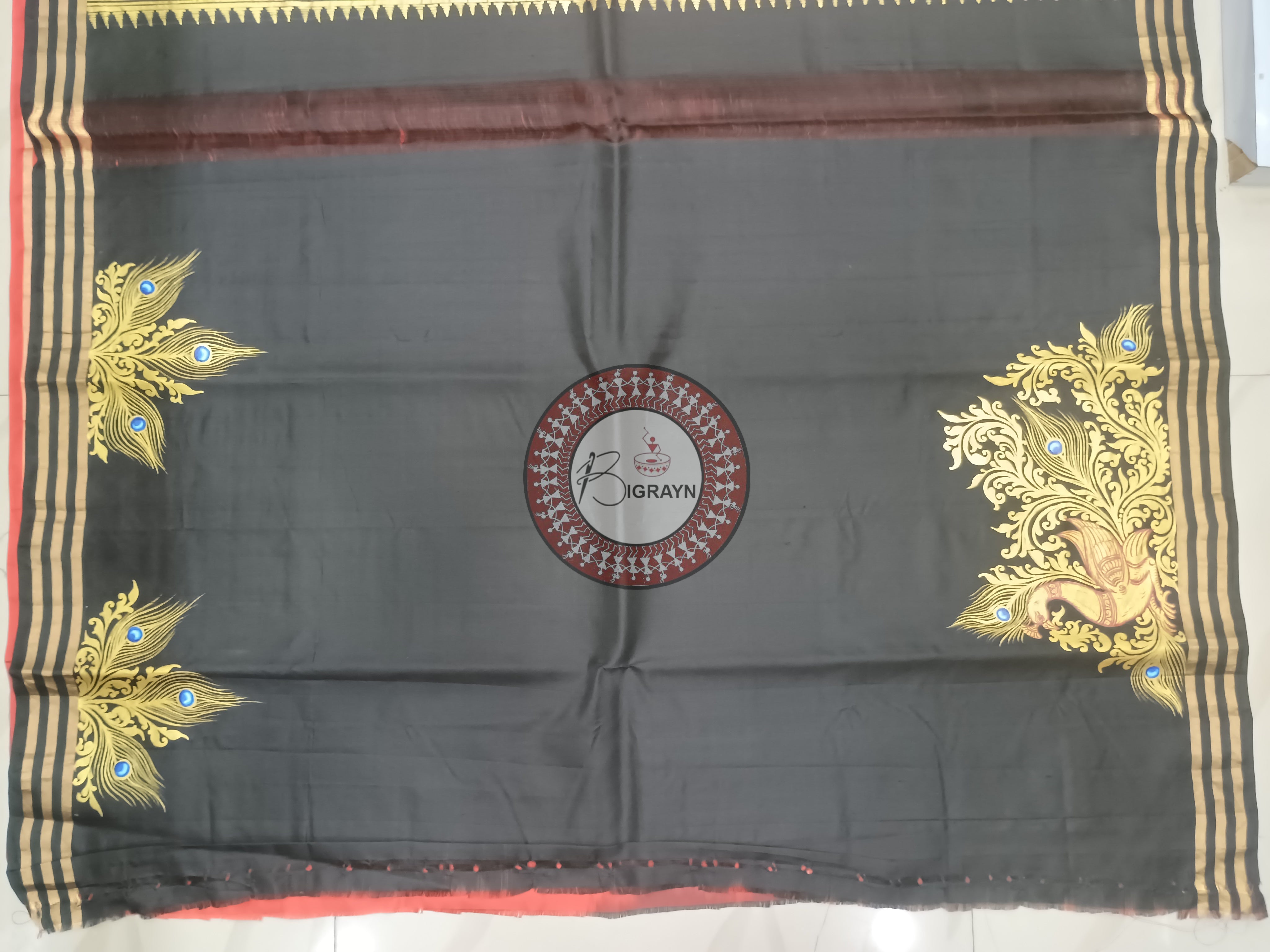Red Black Peacock Theme Pattachitra Kanjivaram Silk Saree