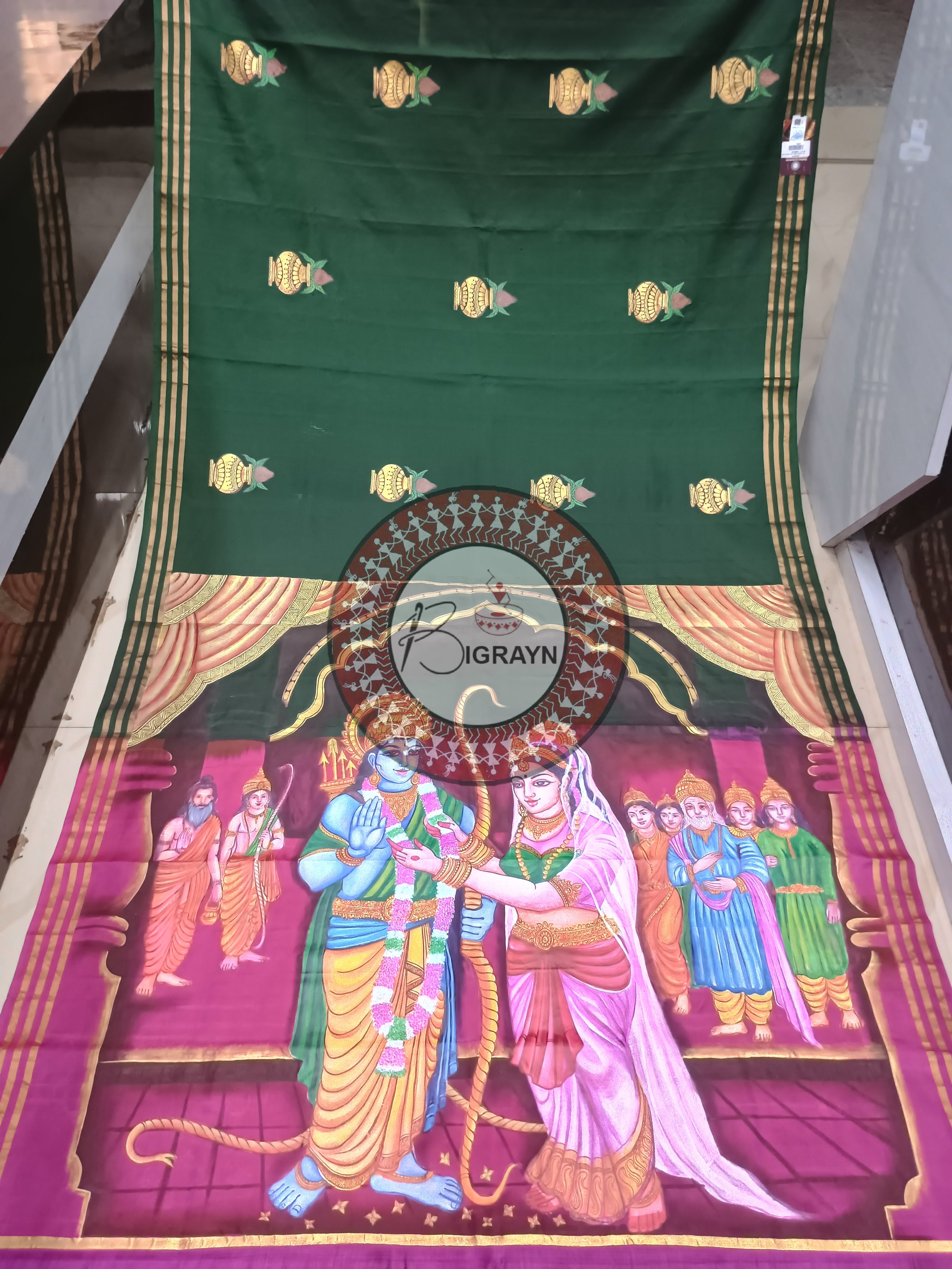 Green Ram Sita Vivah Pattachitra Kanjivaram Silk Saree