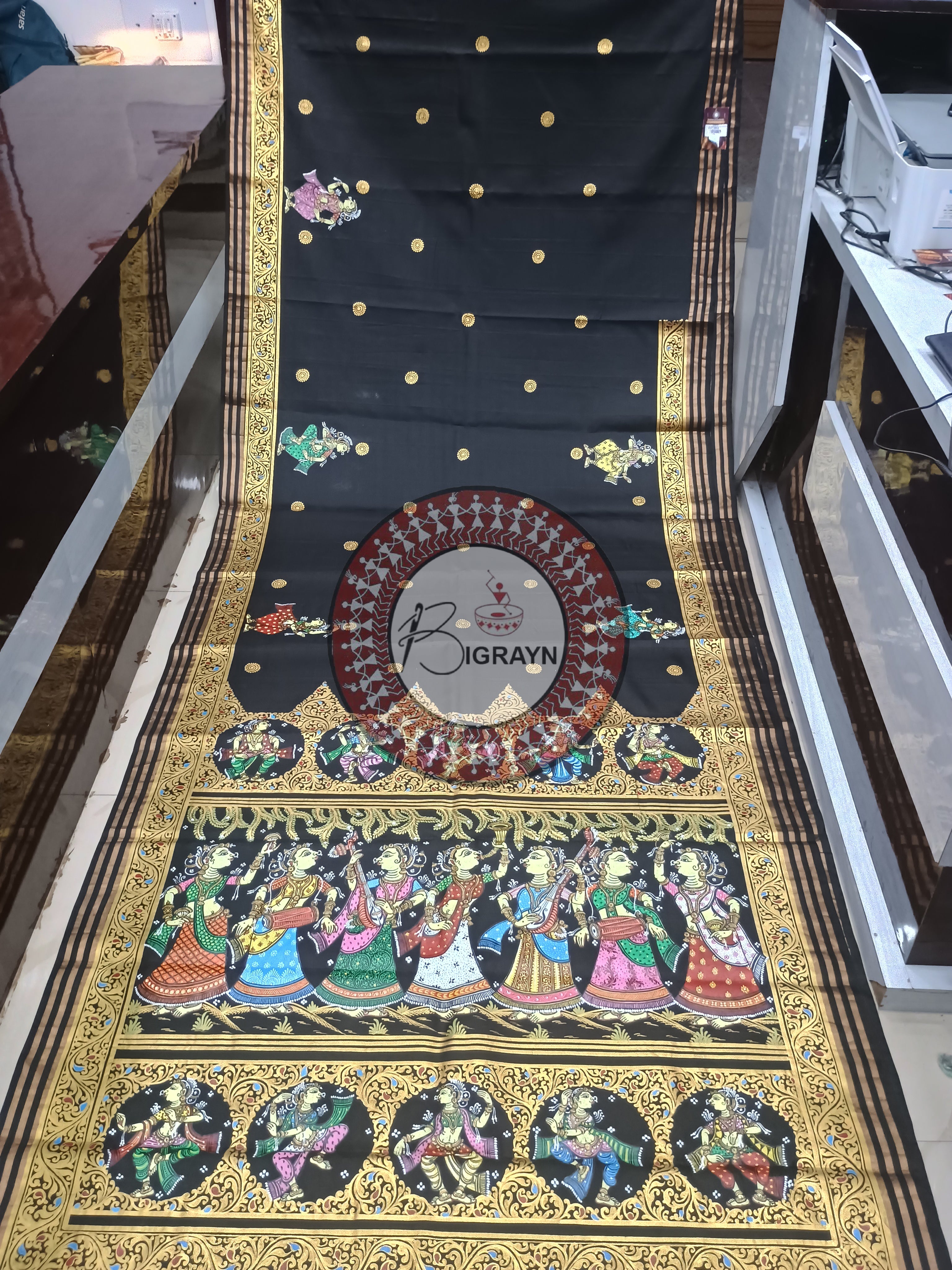 Black Dancer Theme Pattachitra Kanjivaram Silk Saree