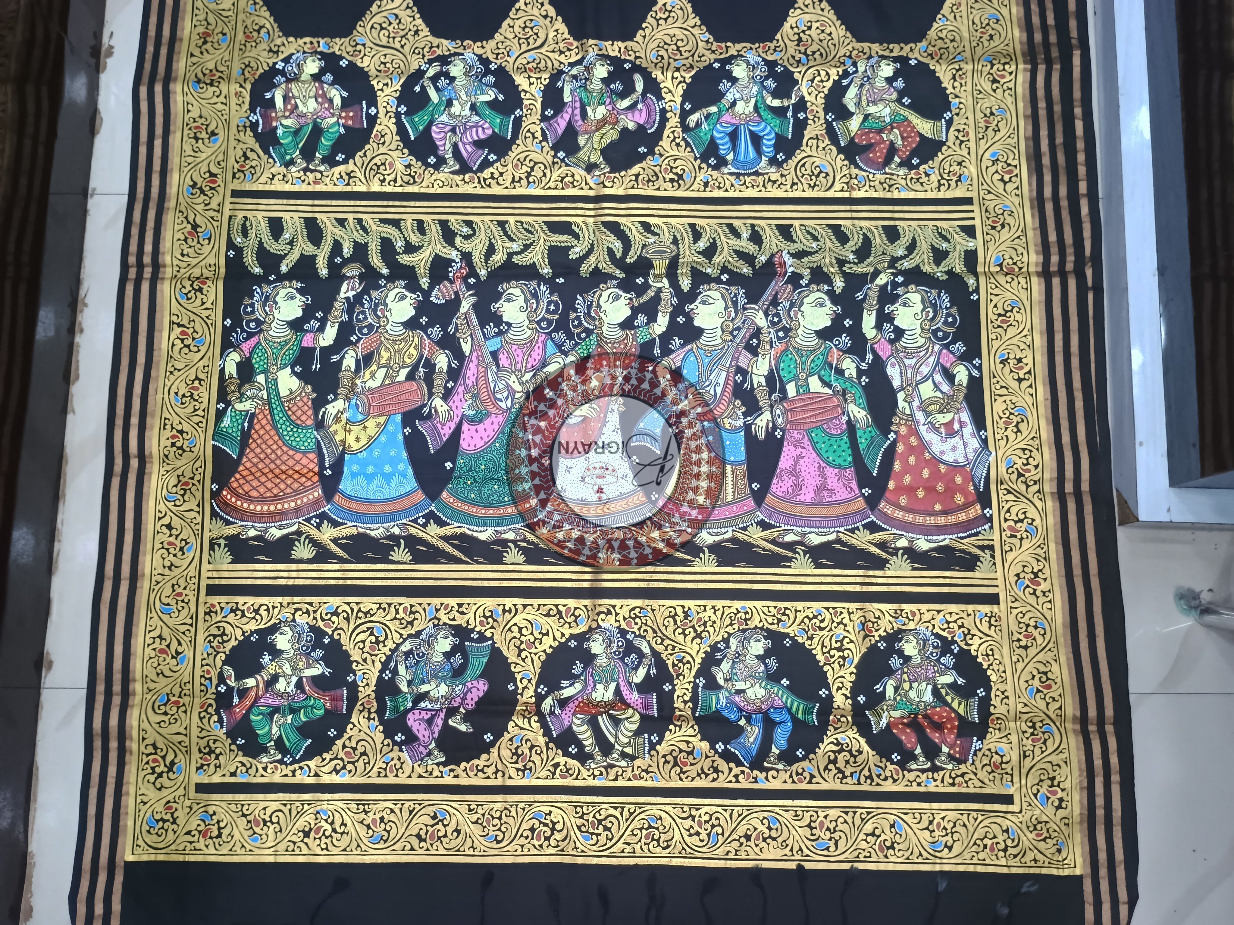 Black Dancer Theme Pattachitra Kanjivaram Silk Saree