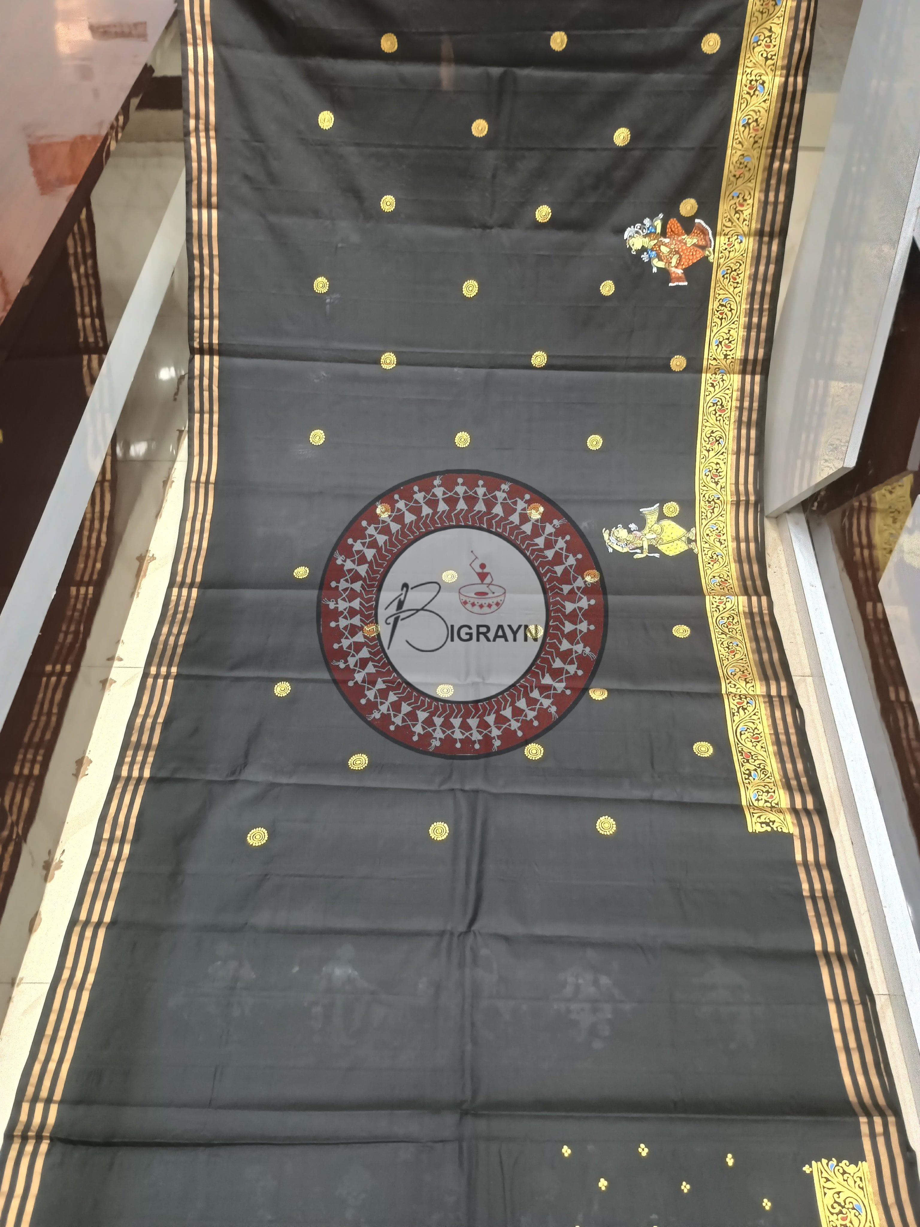 Black Dancer Theme Pattachitra Kanjivaram Silk Saree