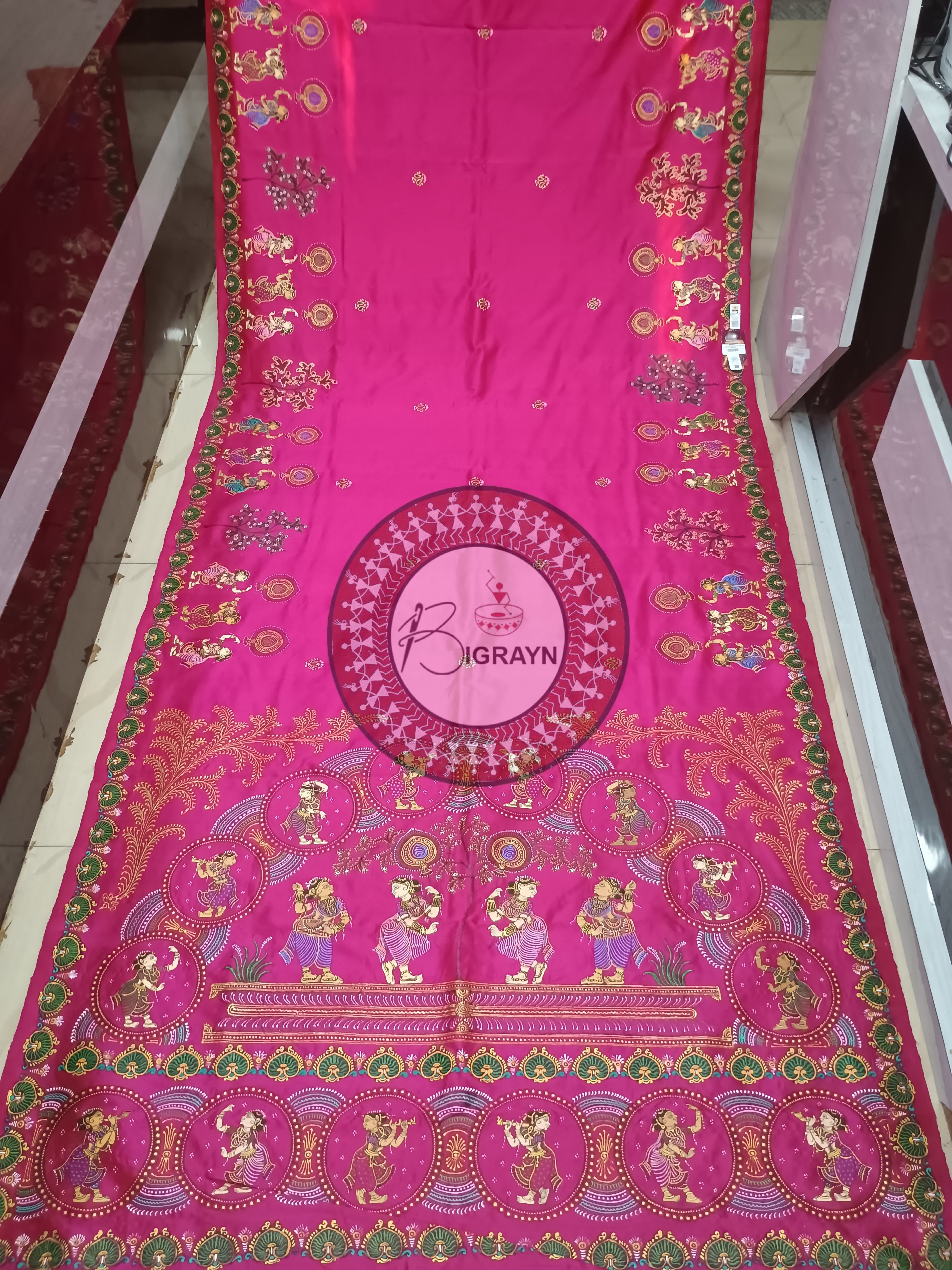 Magenta Round Dancer Theme Pattachitra Sambalpuri Silk Saree