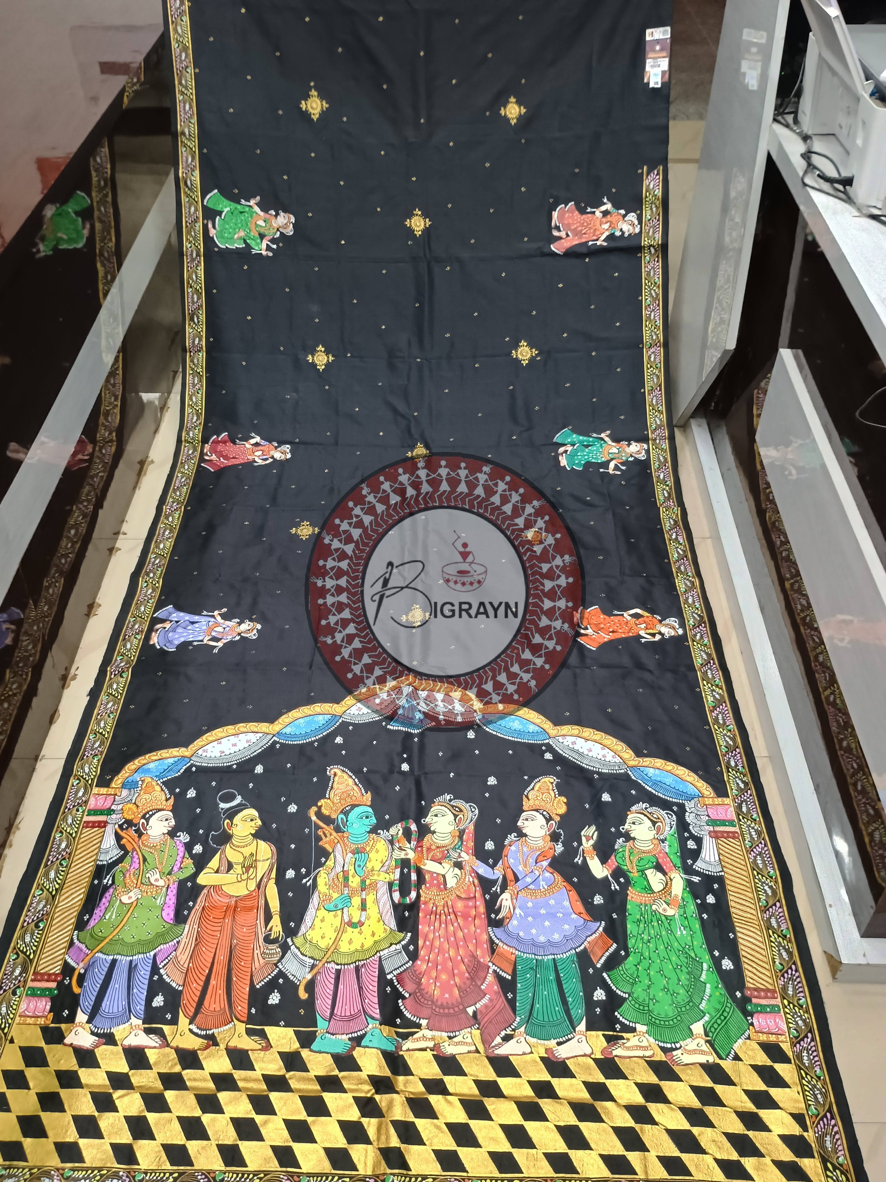 Black Rama Sita Vivah Theme Pattachitra Sambalpuri Silk Saree