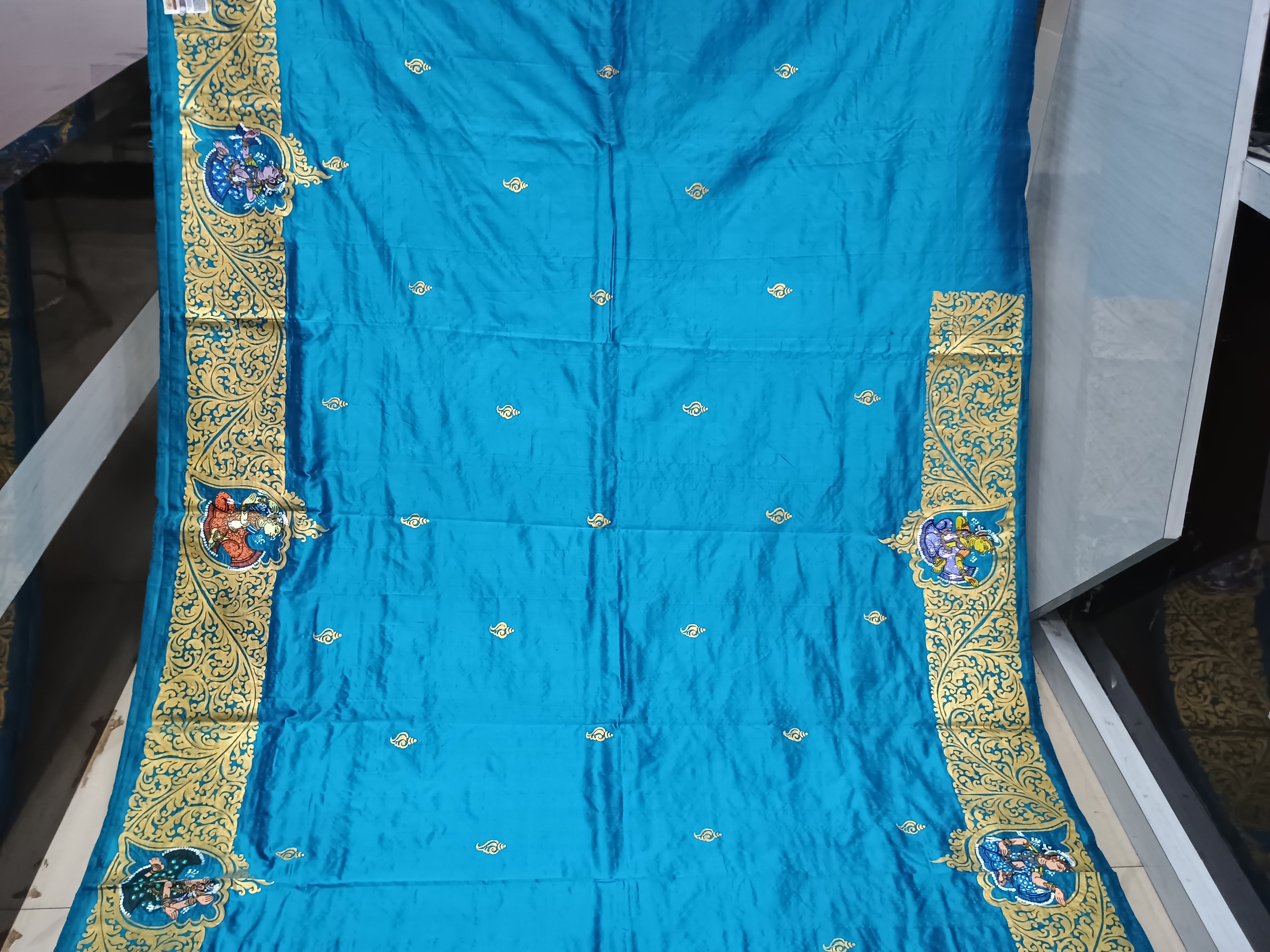 Teal Blue Kandarp Sankha Theme Pattachitra Sambalpuri Silk Saree