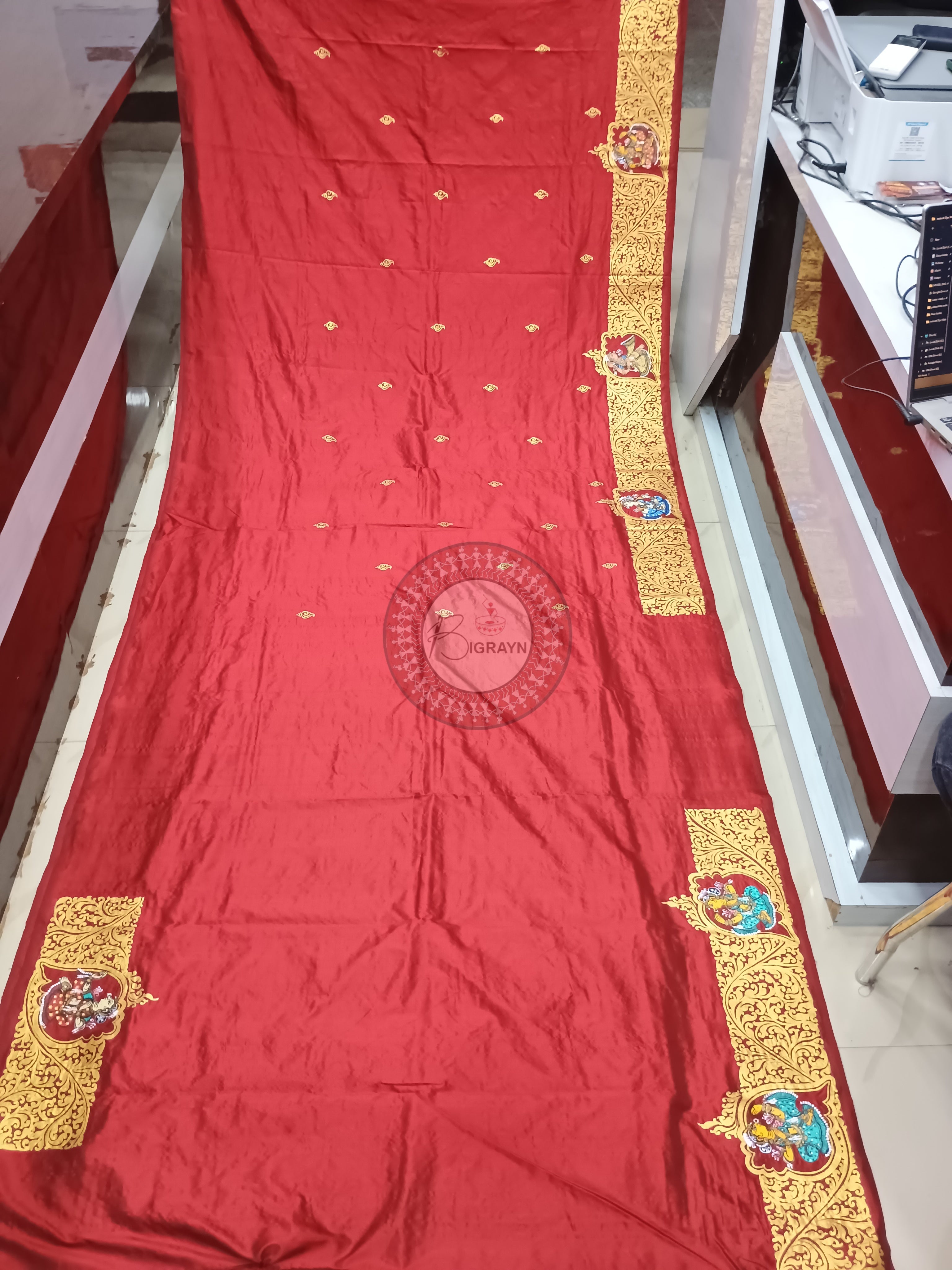 Red Kandarp Sankha Theme Pattachitra Sambalpuri Silk Saree