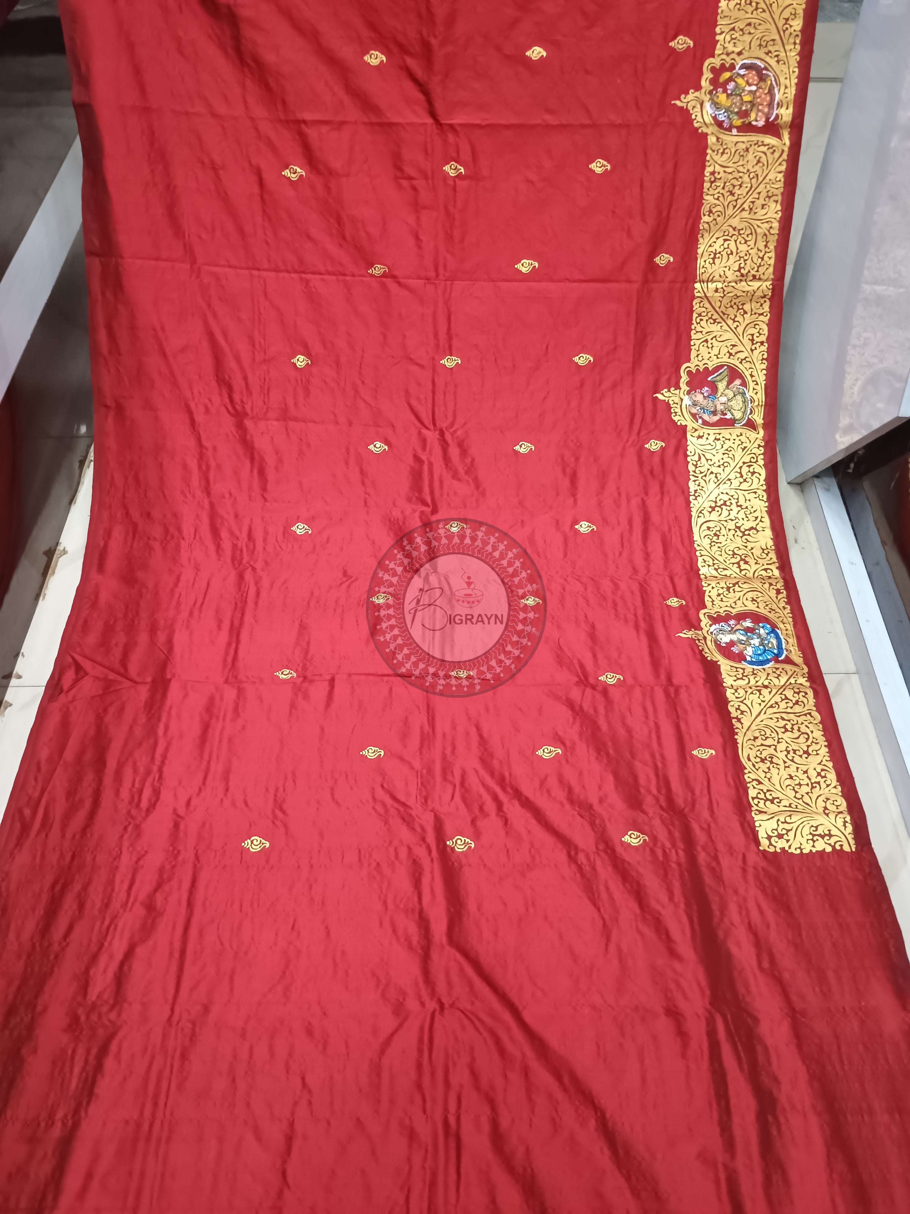 Red Kandarp Sankha Theme Pattachitra Sambalpuri Silk Saree