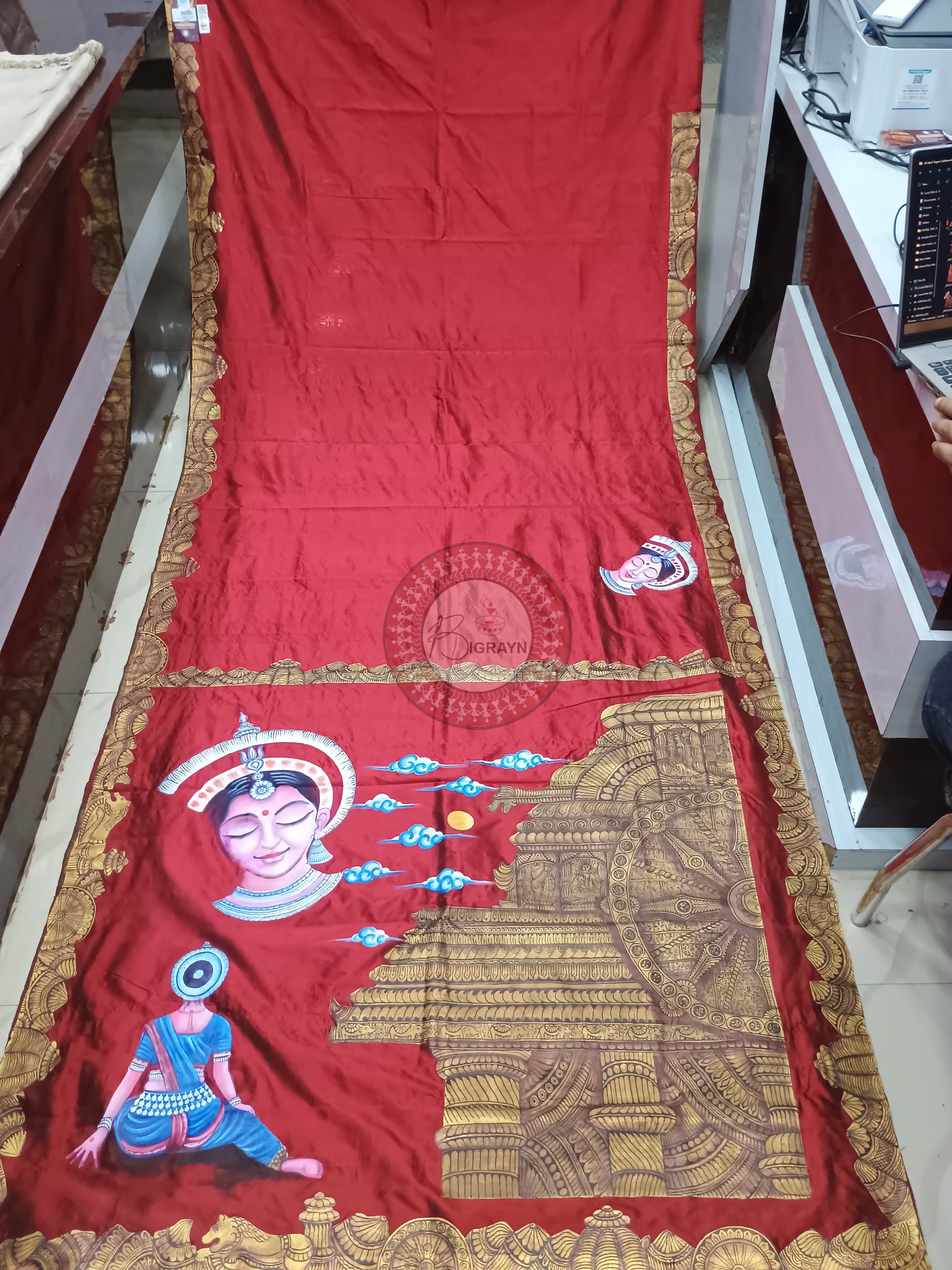 Maroon Half Konark And Odishi Dancer Theme Pattachitra Sambalpuri Silk Saree
