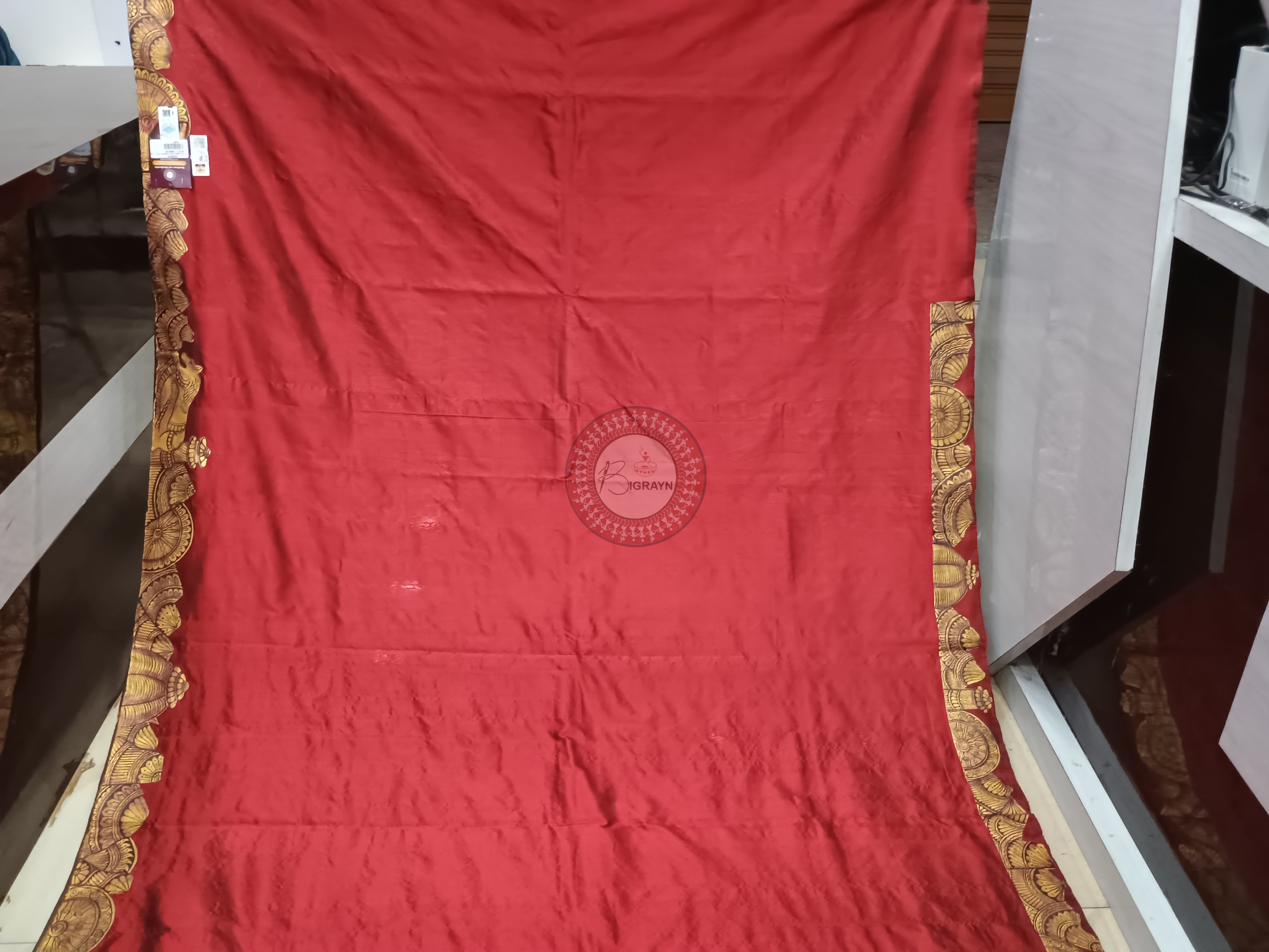 Maroon Half Konark And Odishi Dancer Theme Pattachitra Sambalpuri Silk Saree