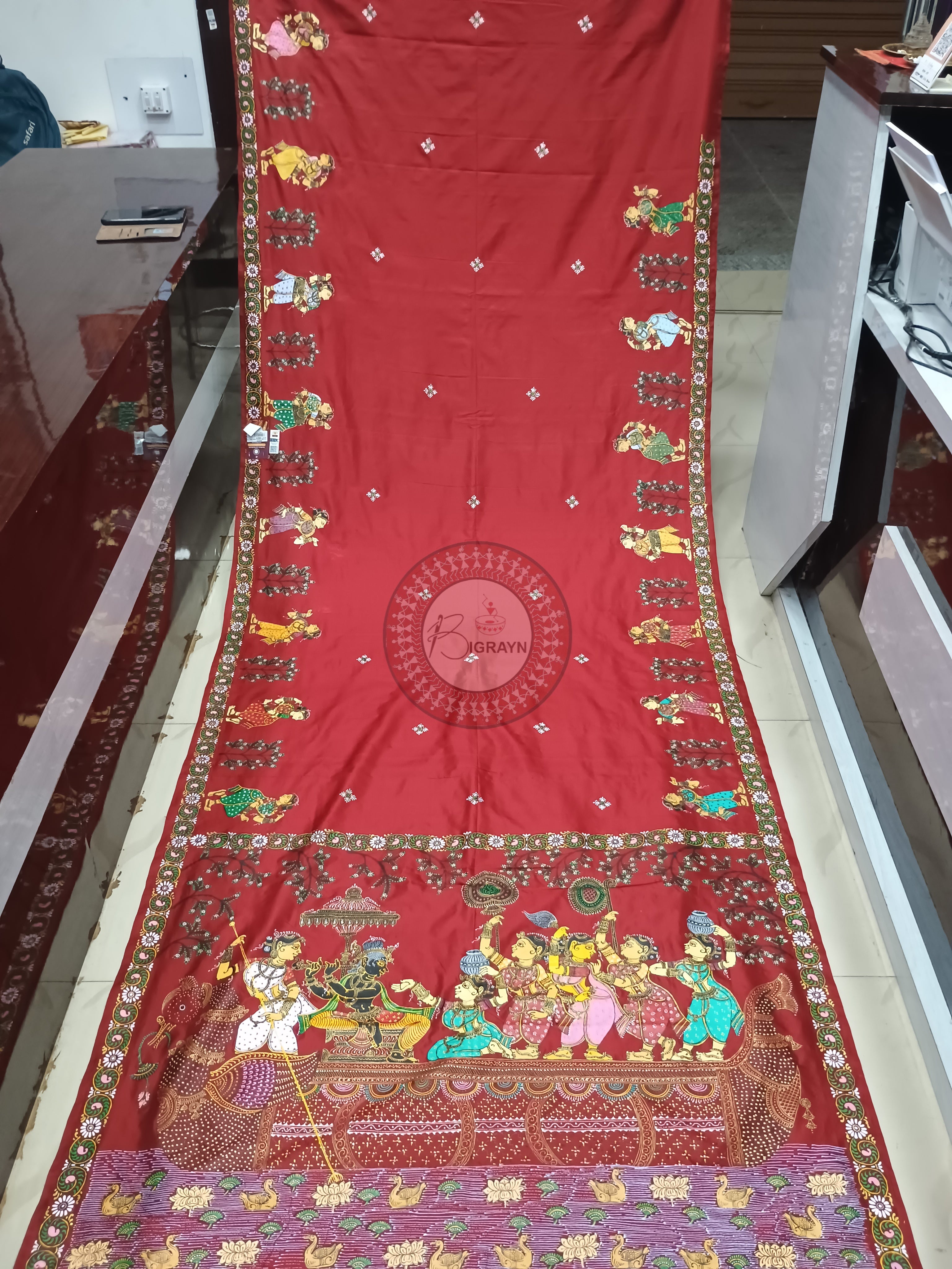 Maroon Nabakeli Boita Pattachitra Pure Silk saree