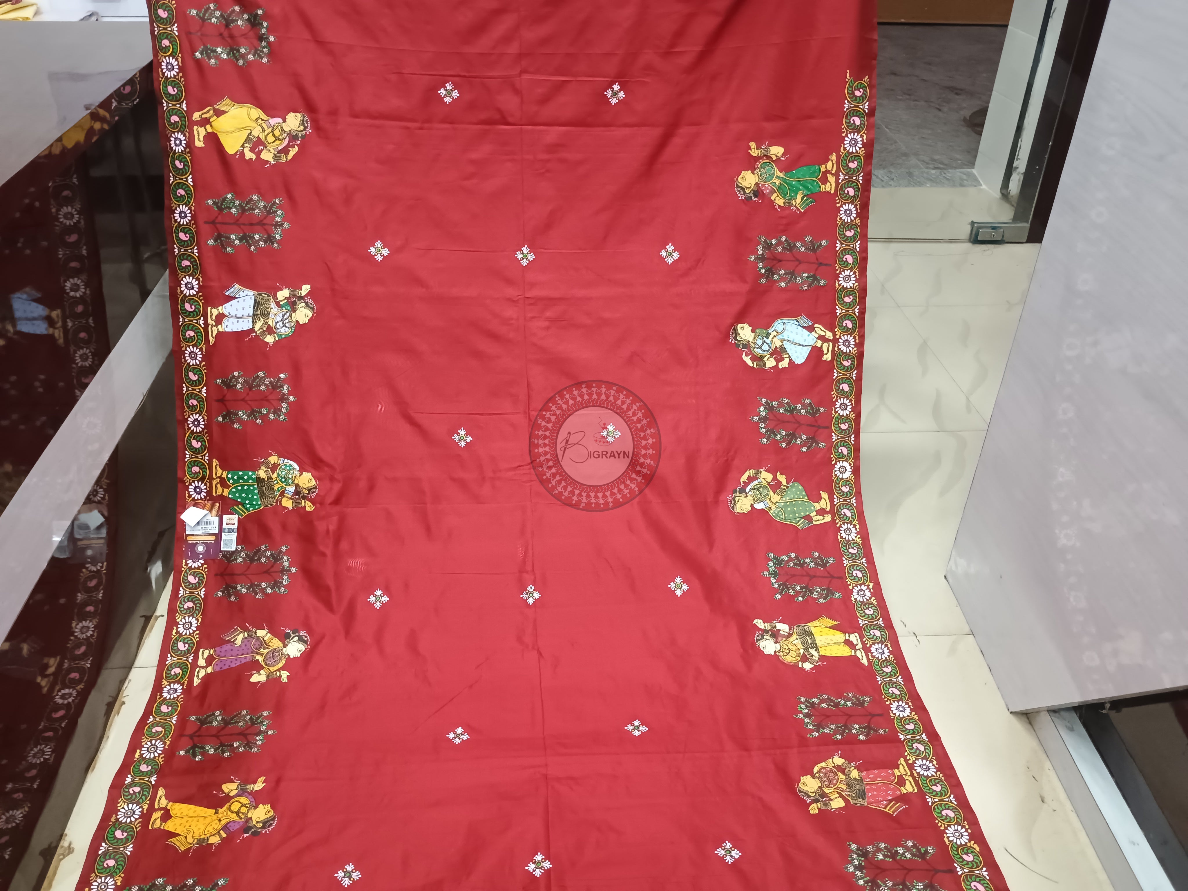 Maroon Nabakeli Boita Pattachitra Pure Silk saree