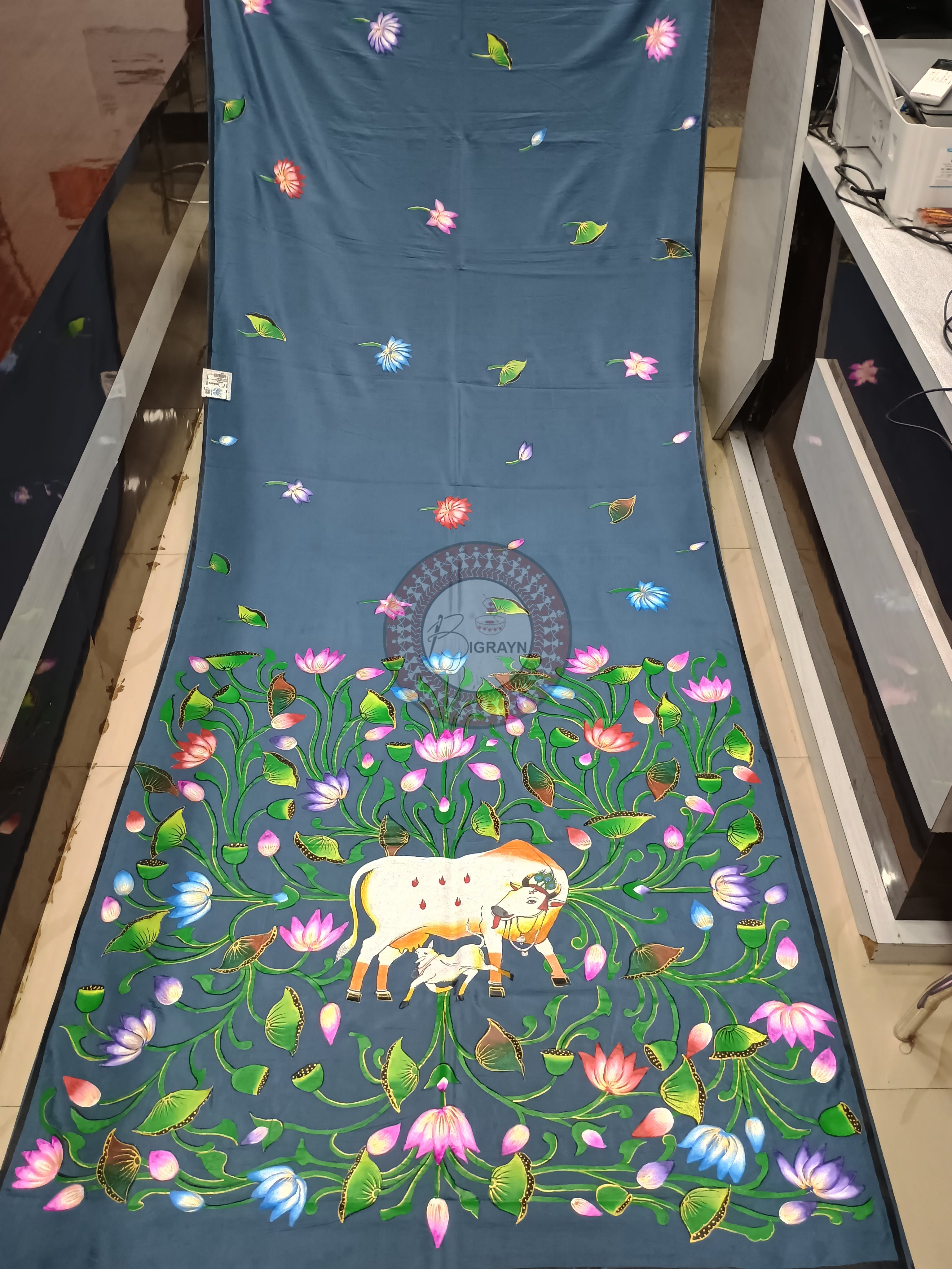 Grey Kamadhenu Theme Hand Painted Pattachitra Khadi Silk Saree
