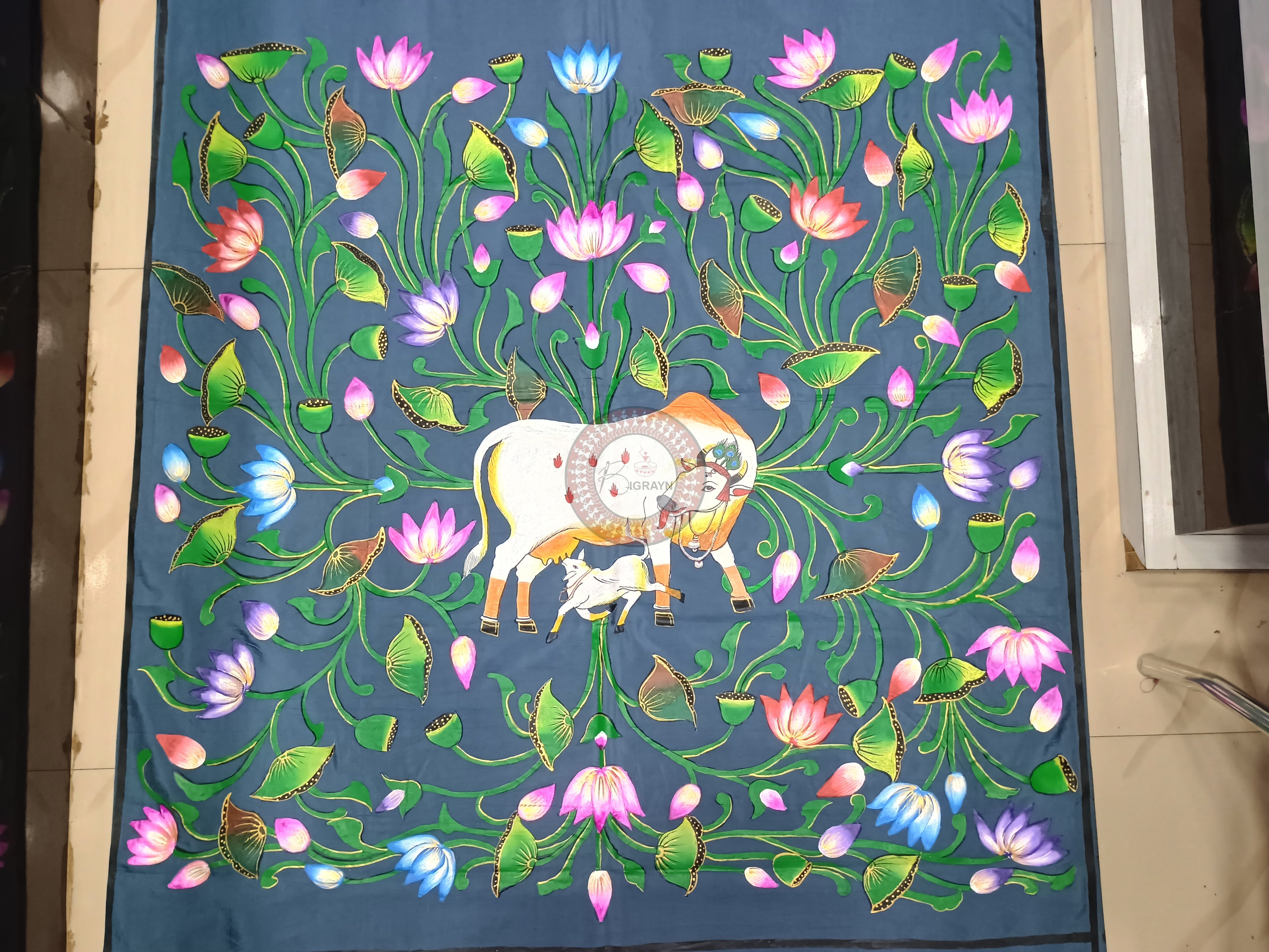 Grey Kamadhenu Theme Hand Painted Pattachitra Khadi Silk Saree