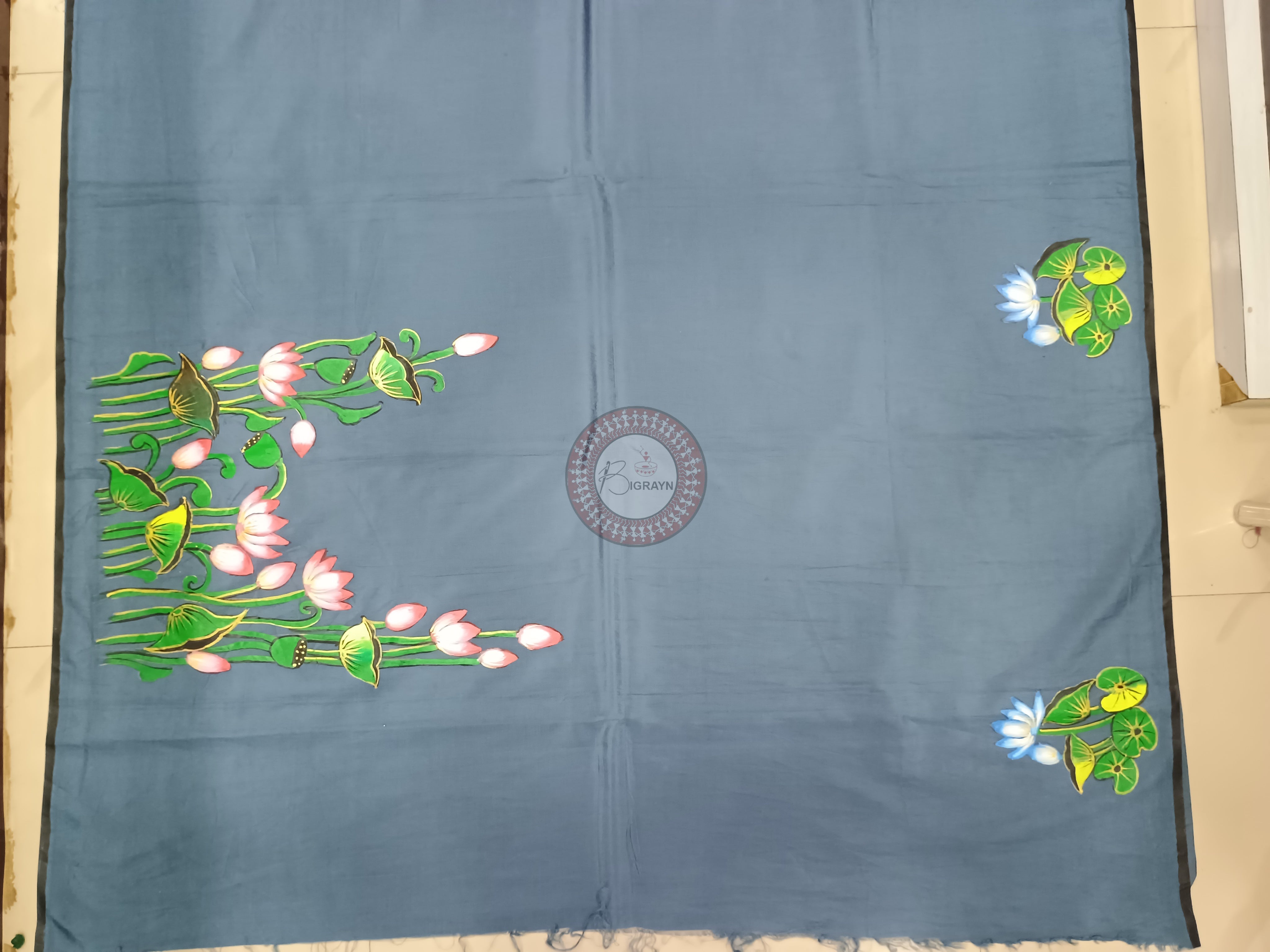 Grey Kamadhenu Theme Hand Painted Pattachitra Khadi Silk Saree