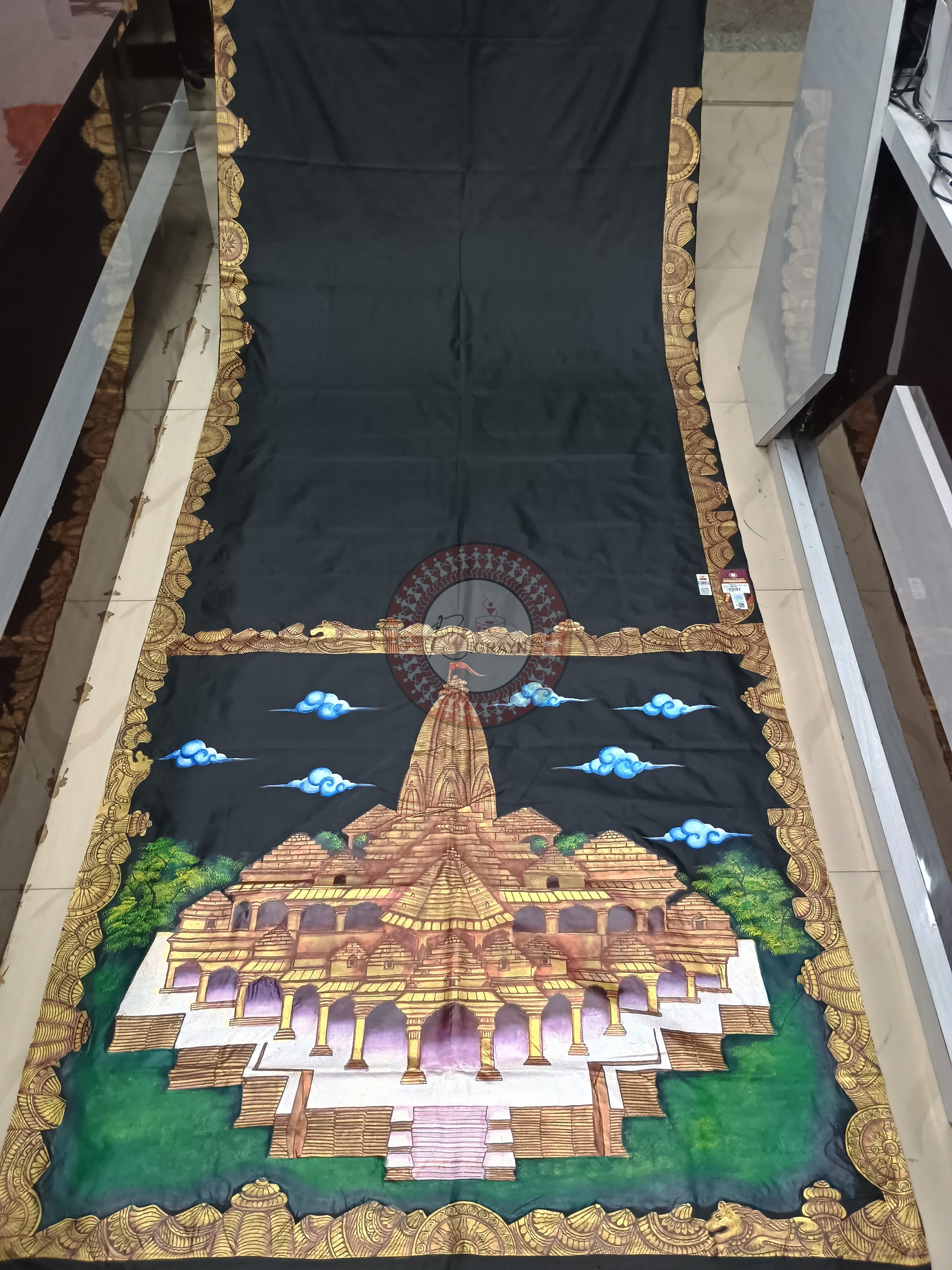 Black Sri Ram Temple(Ayodhya) Theme Pattachitra Pure Silk saree