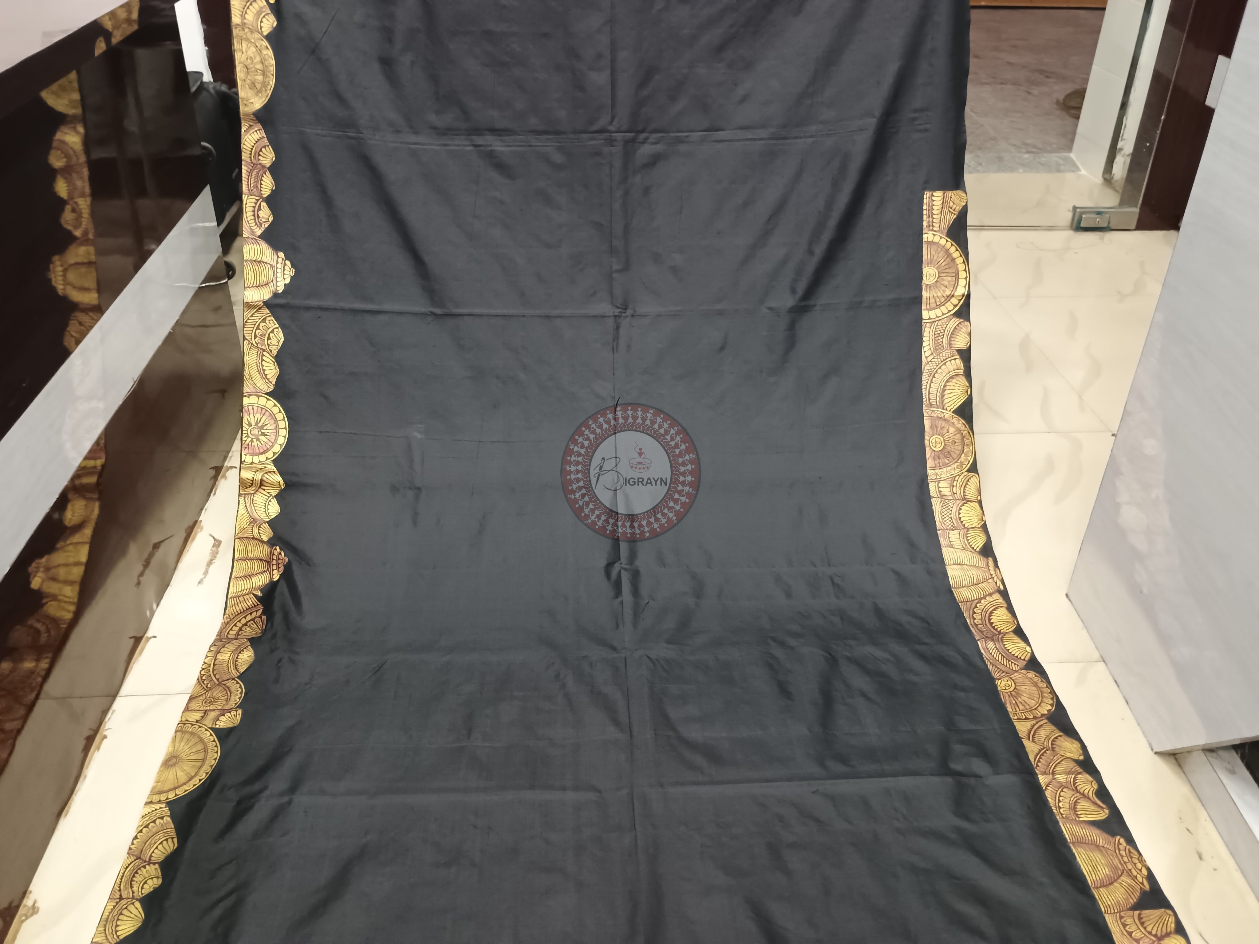 Black Sri Ram Temple(Ayodhya) Theme Pattachitra Pure Silk saree