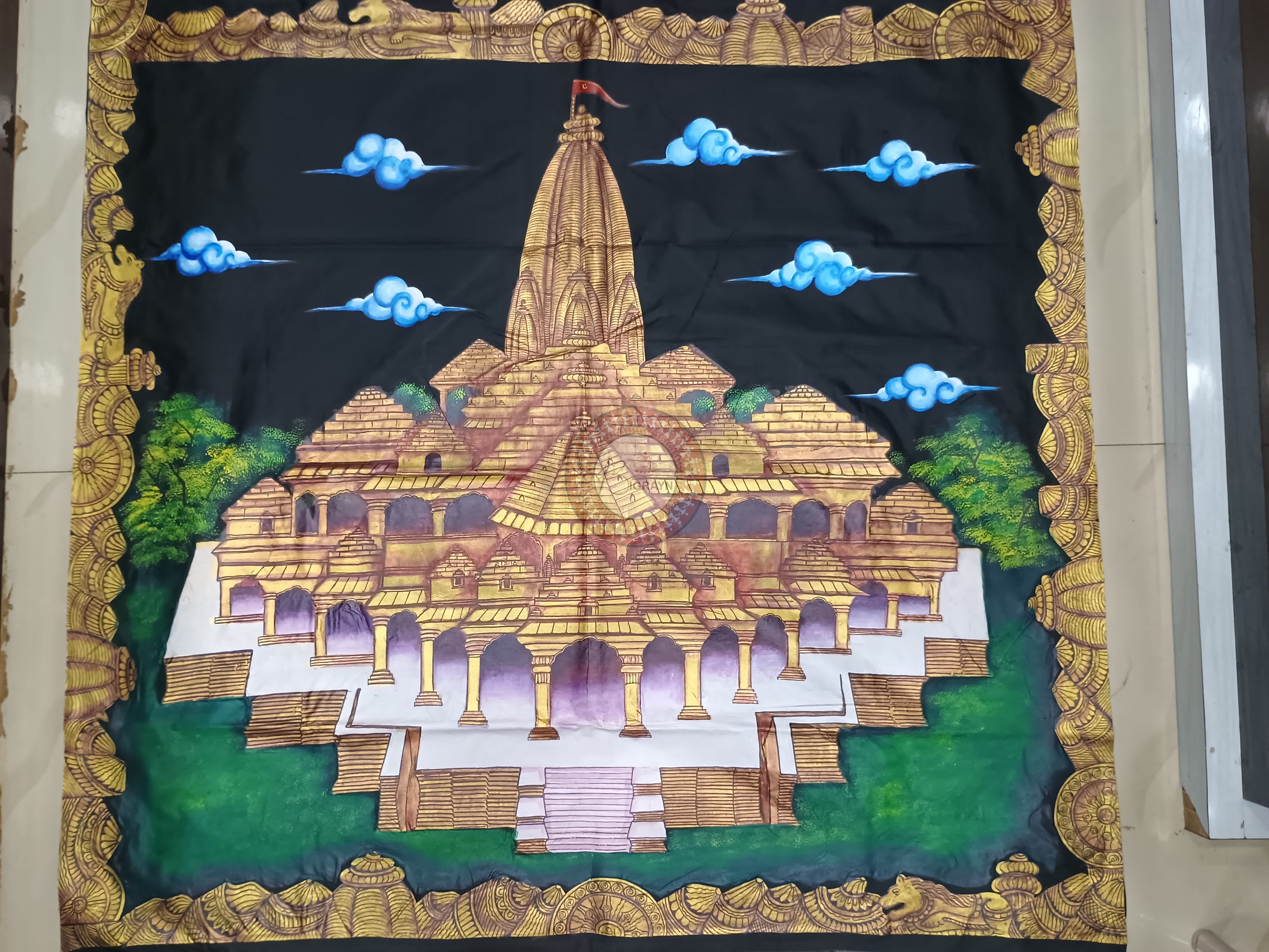 Black Sri Ram Temple(Ayodhya) Theme Pattachitra Pure Silk saree