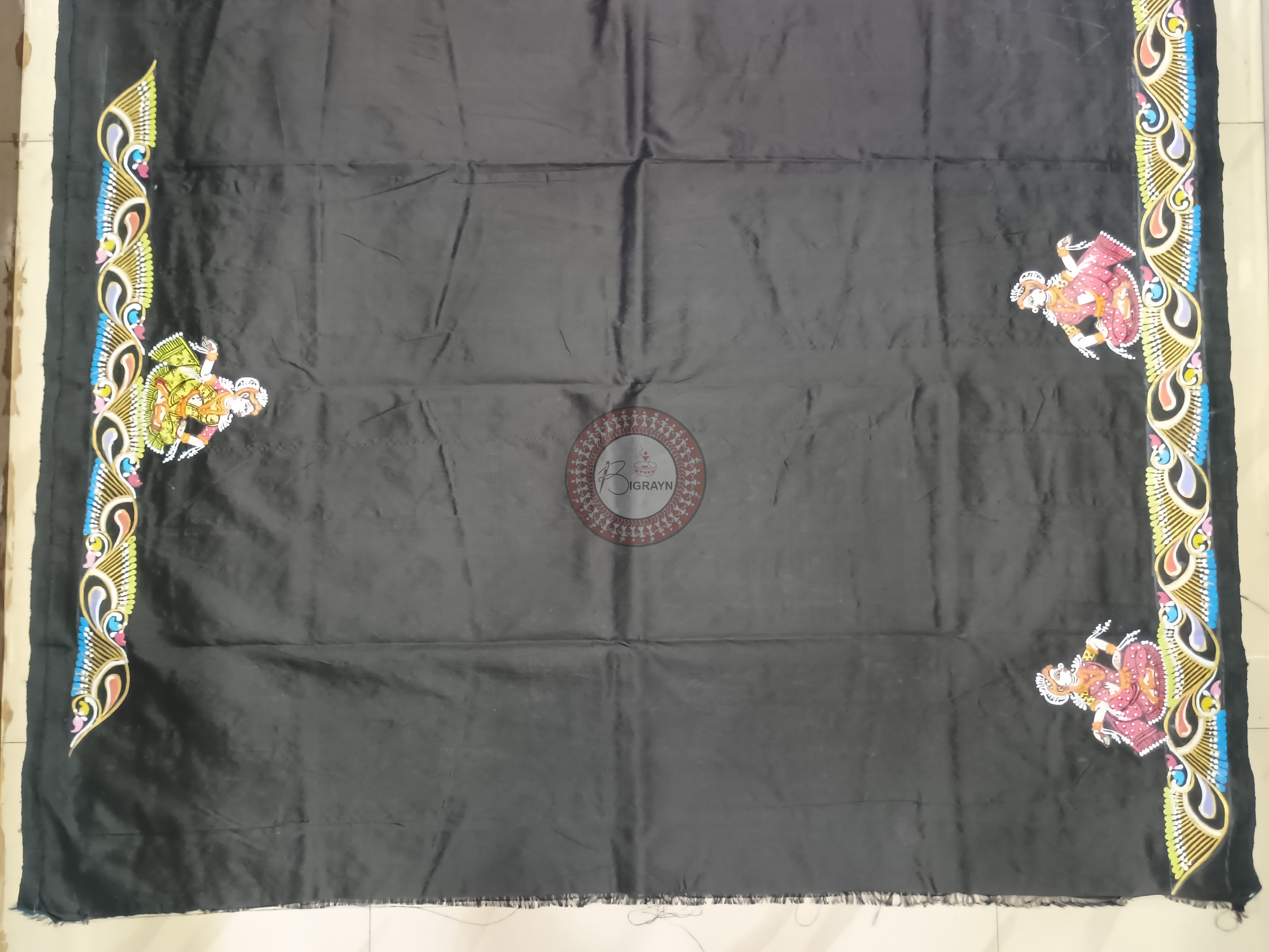 Black Krishna Balaram Theme Pattachitra Sambalpuri Silk Saree