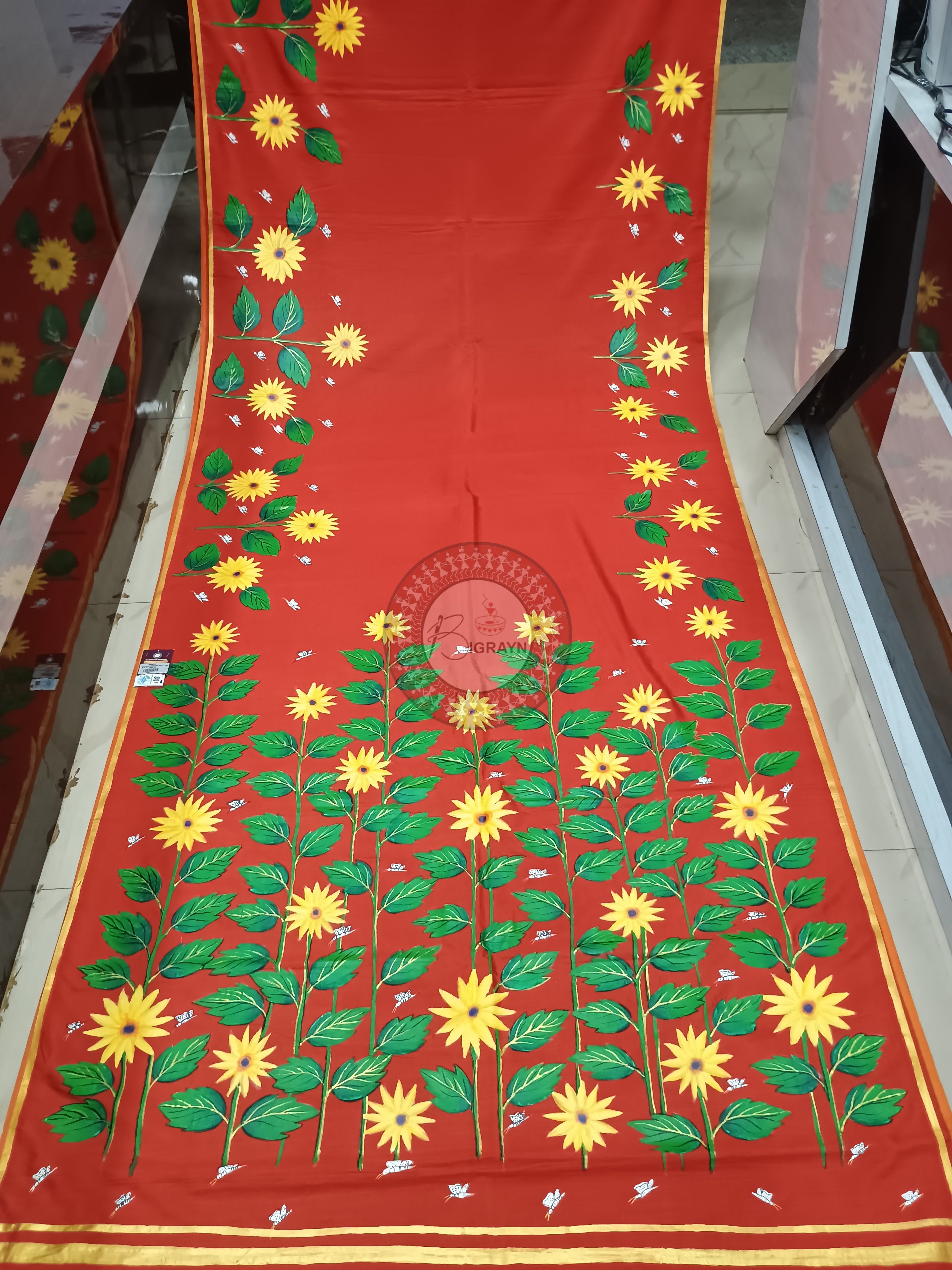 Red Sun Flower Theme Hand Painted Pattachitra Khadi Silk Saree