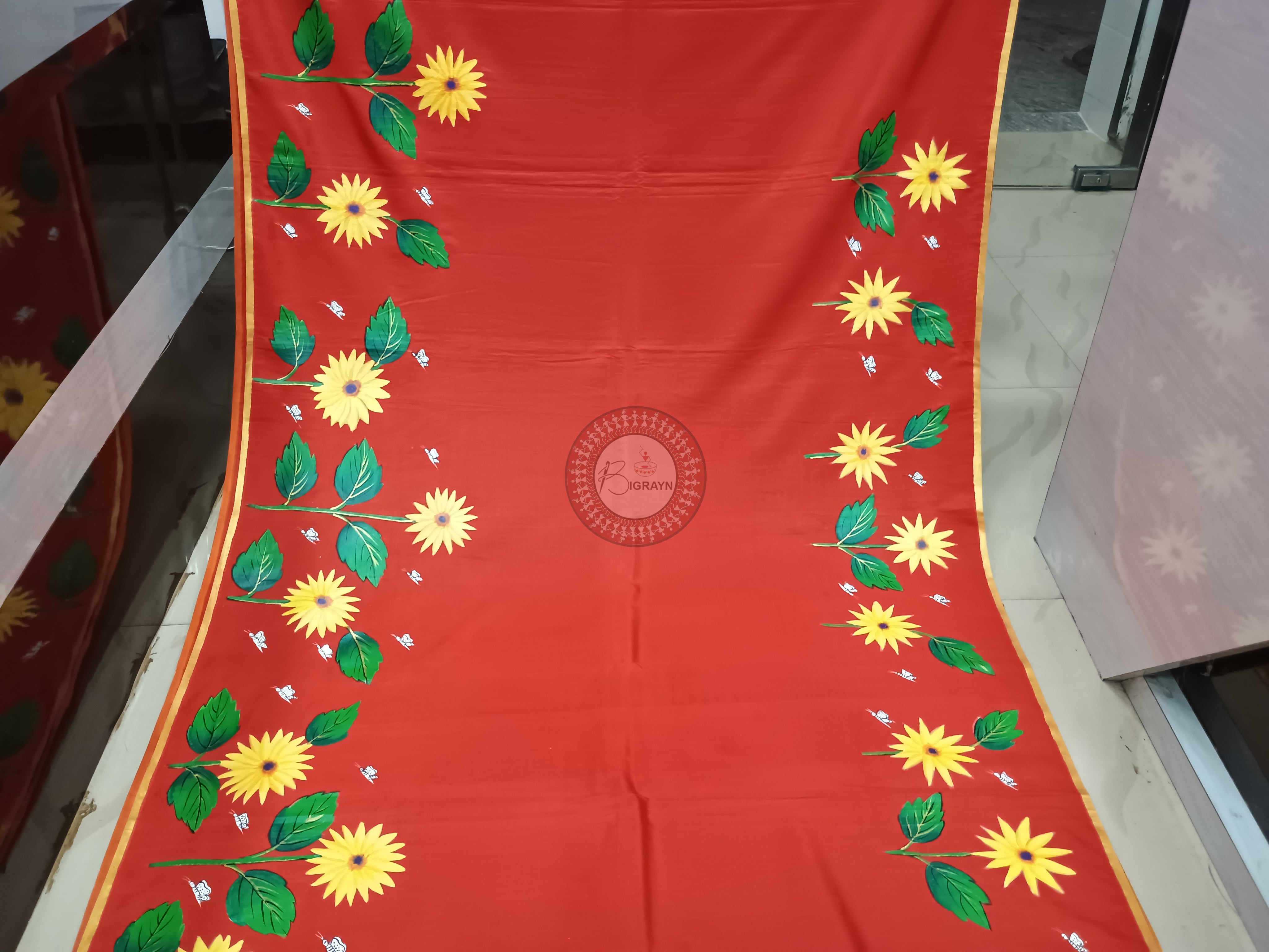 Red Sun Flower Theme Hand Painted Pattachitra Khadi Silk Saree