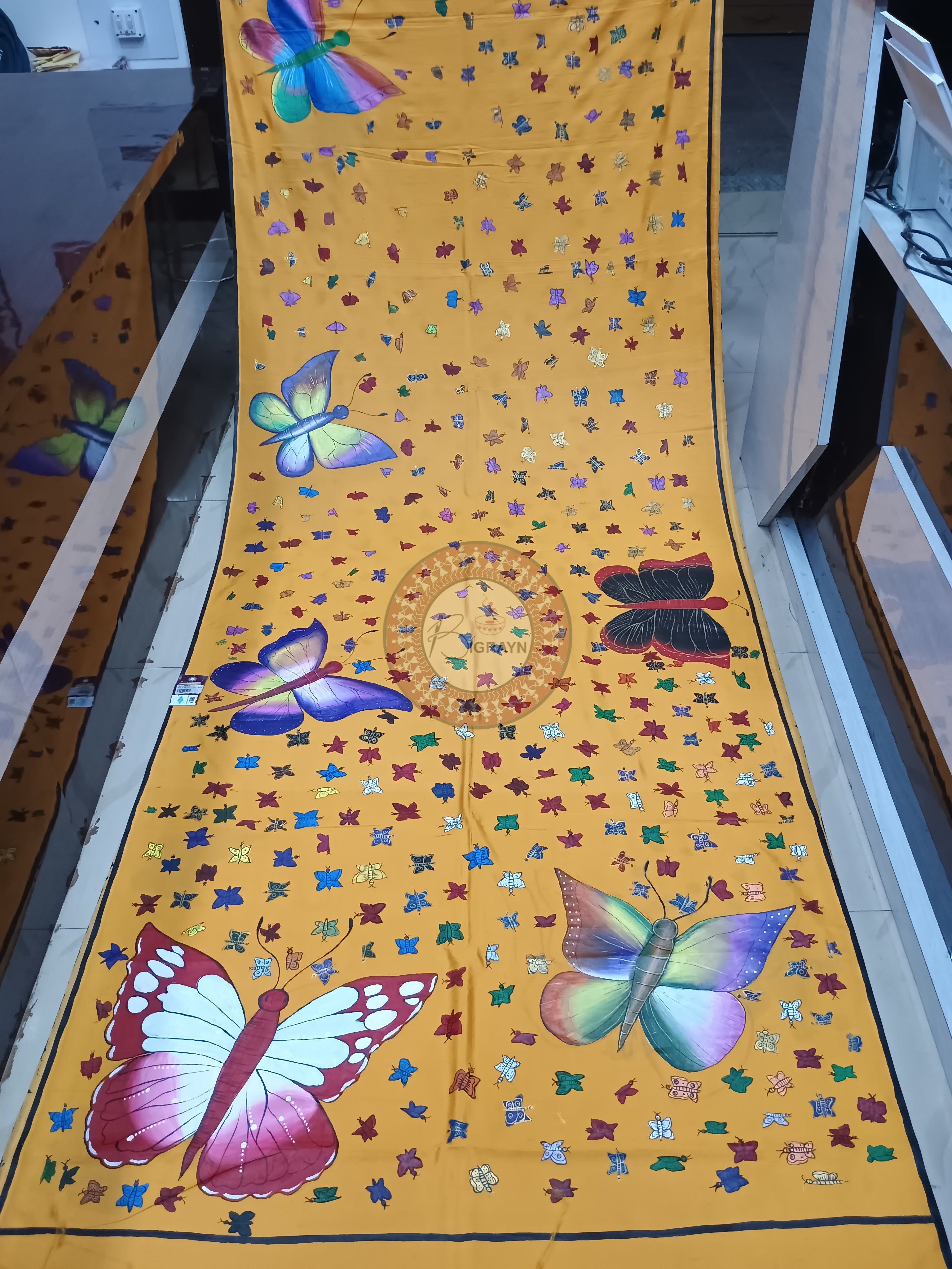 Yellow Butterfly Theme Hand Painted Pattachitra Khadi Silk Saree