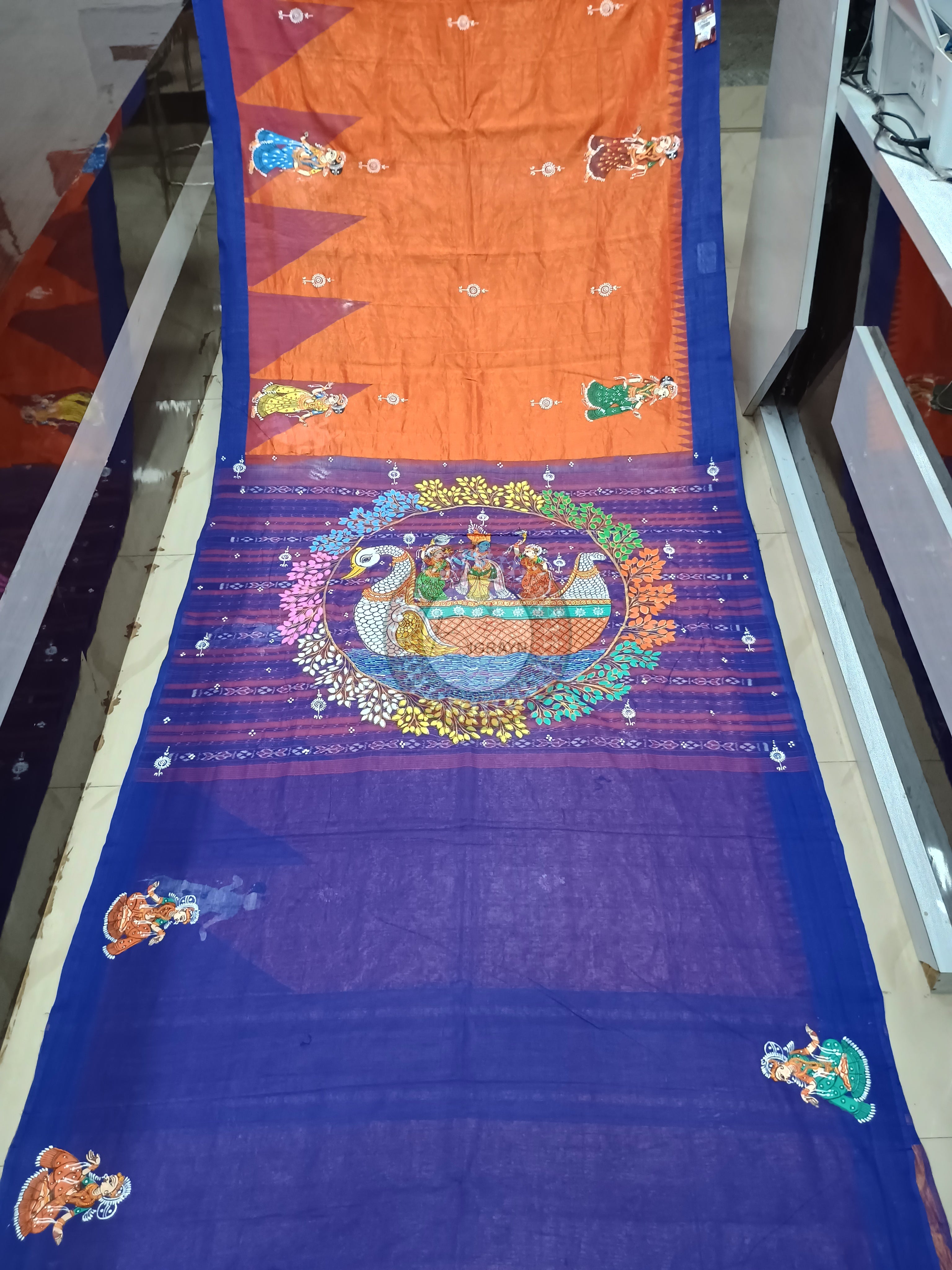 Orange Blue Nabakeli Boita Theme Pattachitra Cotton Tissue Silk Saree