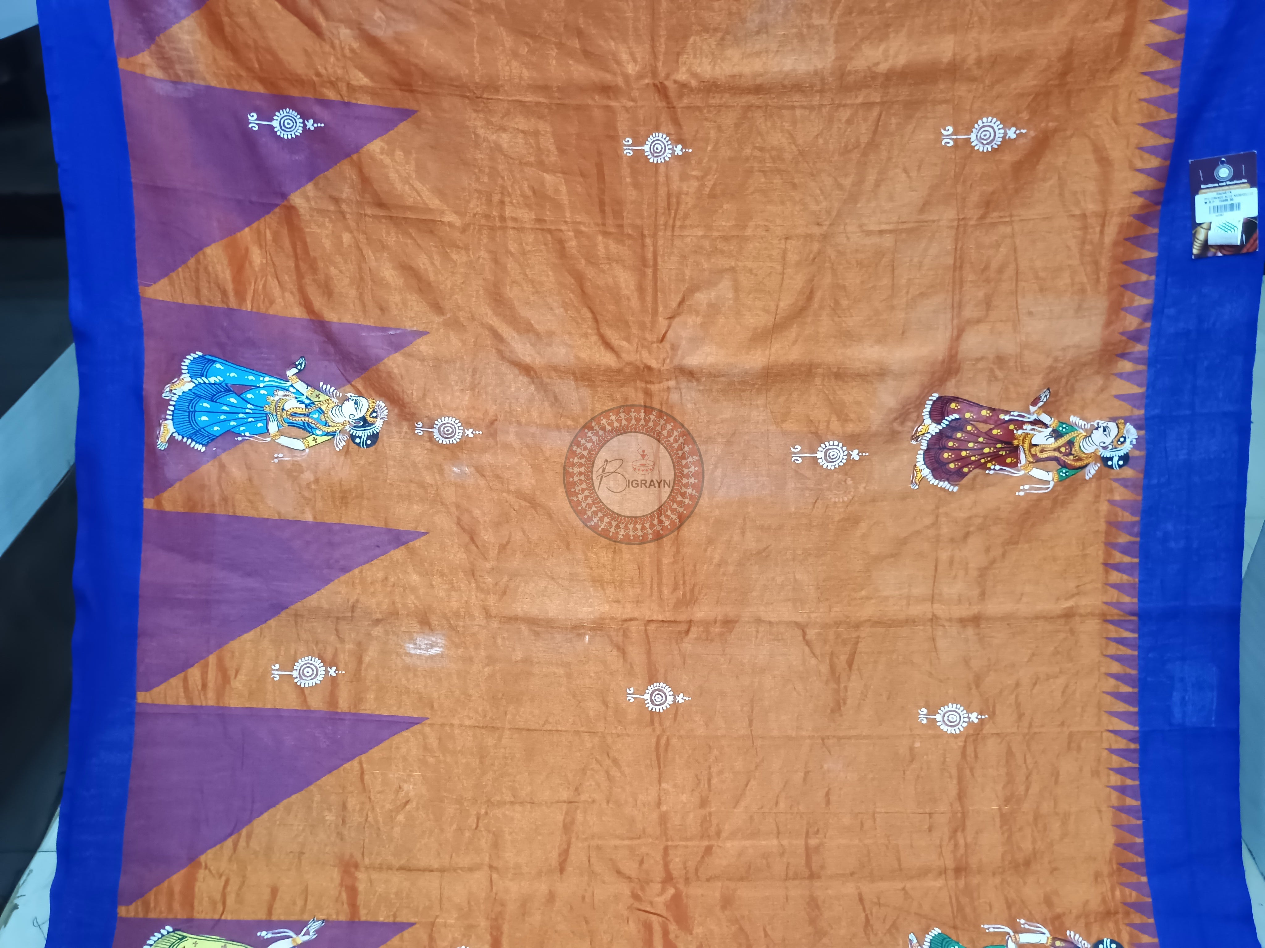 Orange Blue Nabakeli Boita Theme Pattachitra Cotton Tissue Silk Saree