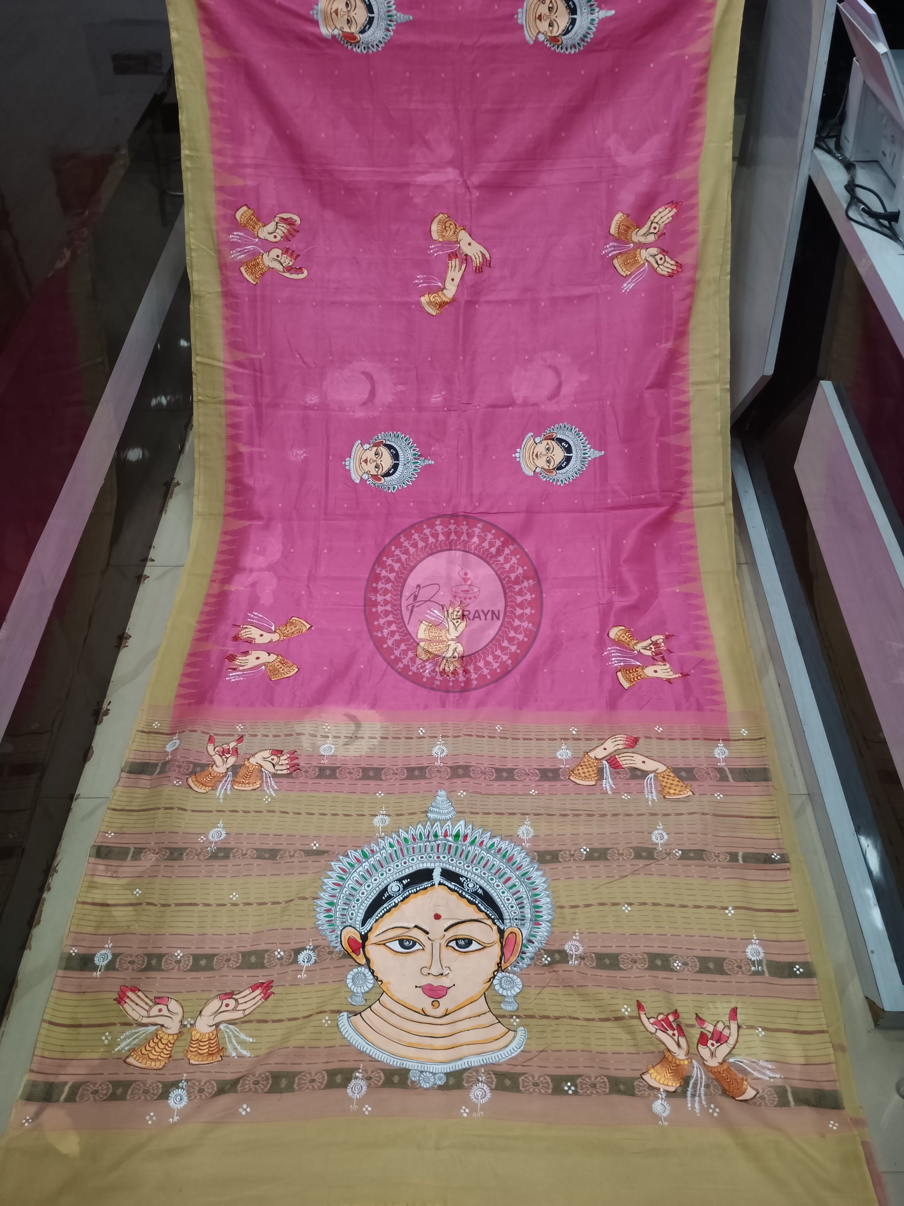 Pink Off White Odishi Mudra Face Theme Pattachitra Cotton Tissue Silk Saree