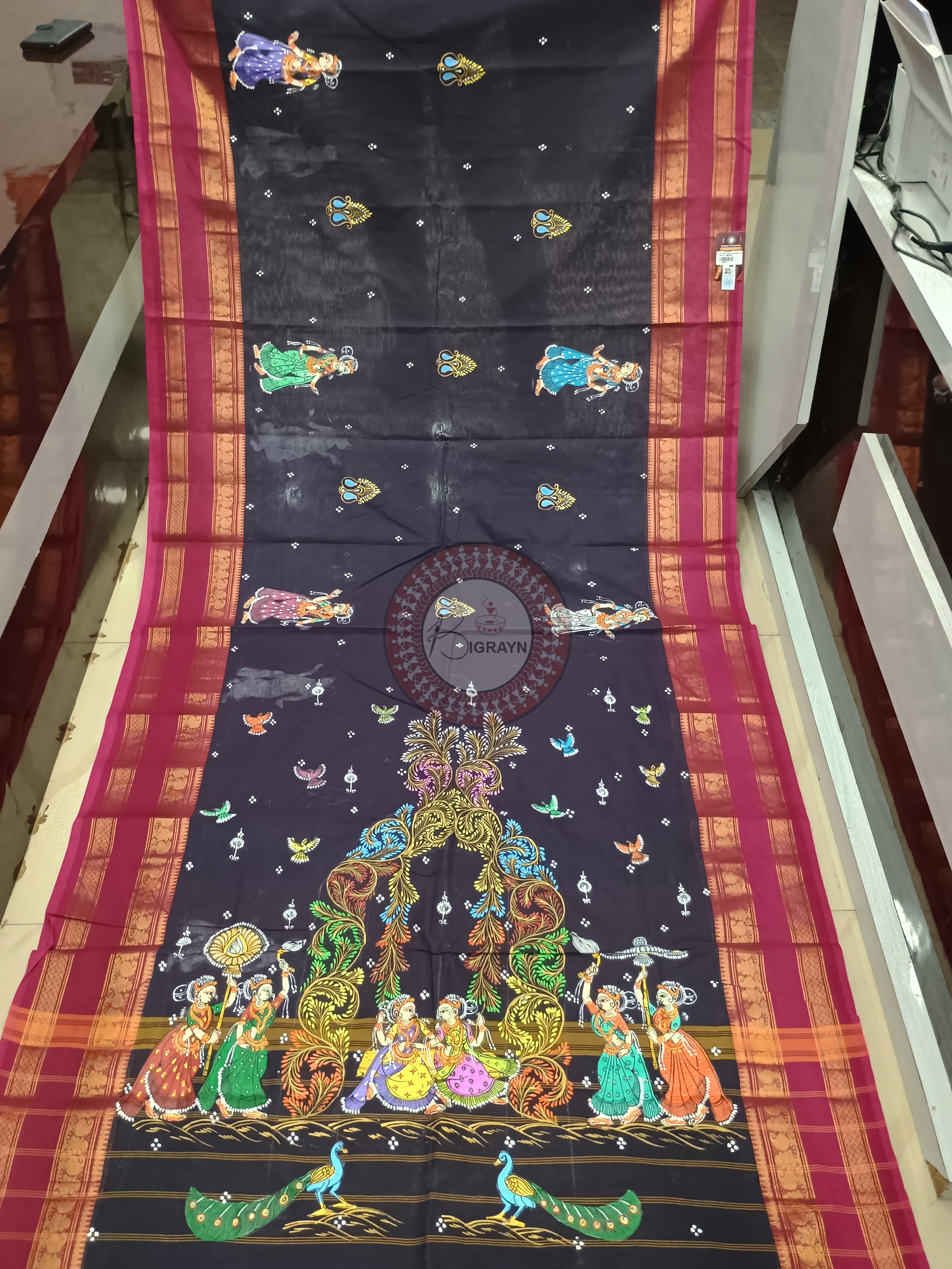 Black Magenta Raja Doli Theme Pattachitra South Cotton Saree