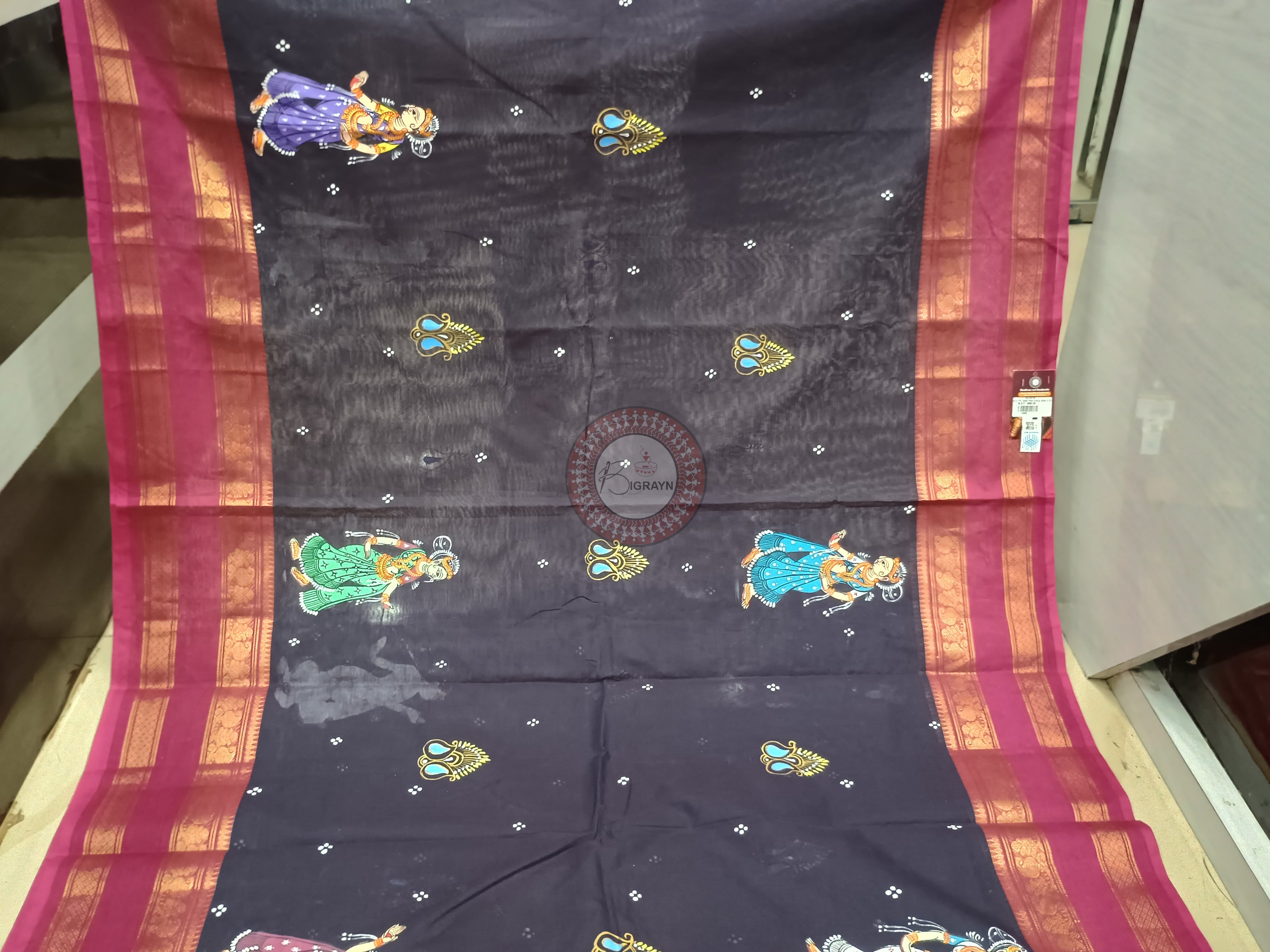 Black Magenta Raja Doli Theme Pattachitra South Cotton Saree
