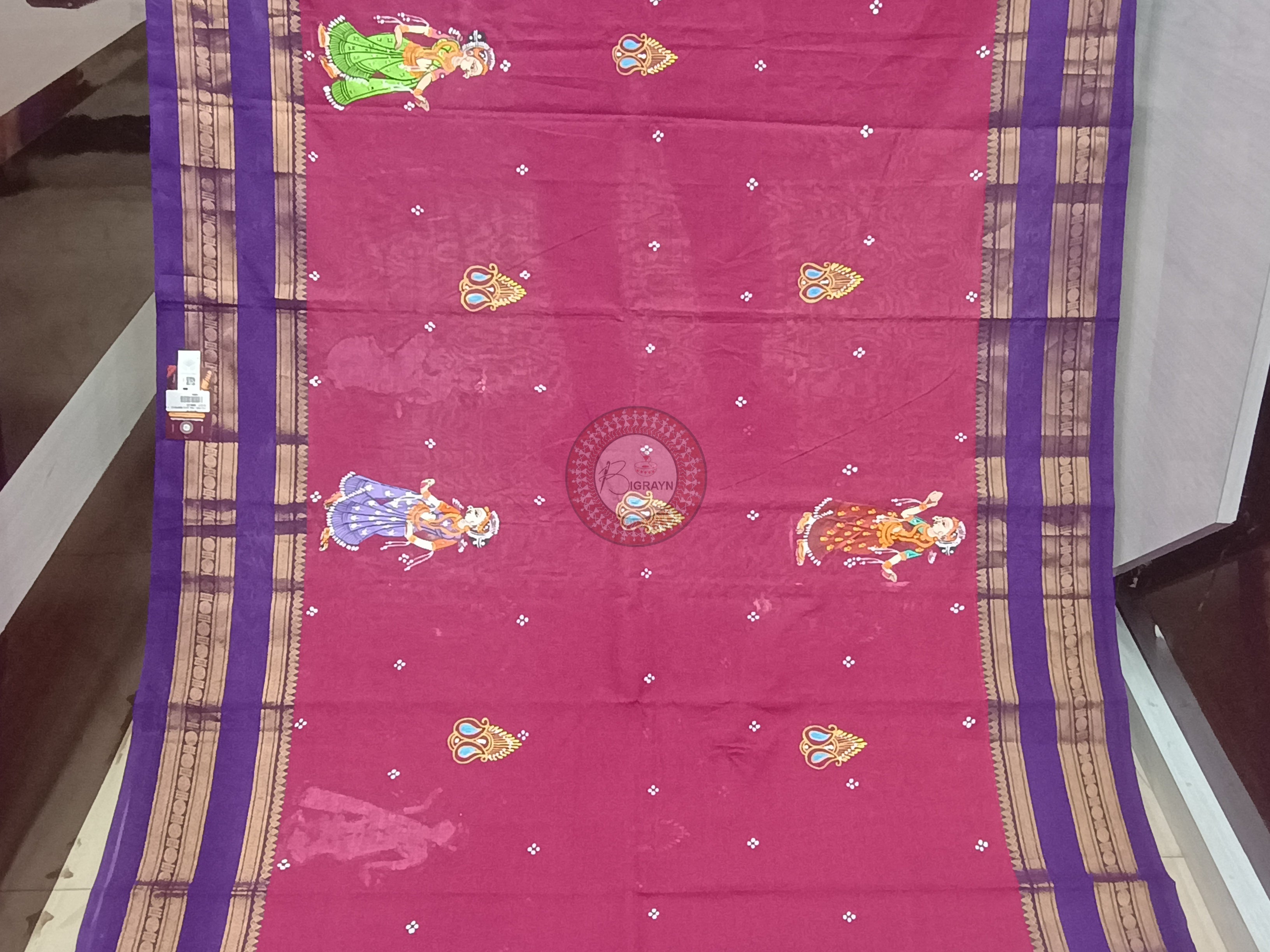 Magenta Blue Bata Sabitri Theme Pattachitra South Cotton Saree