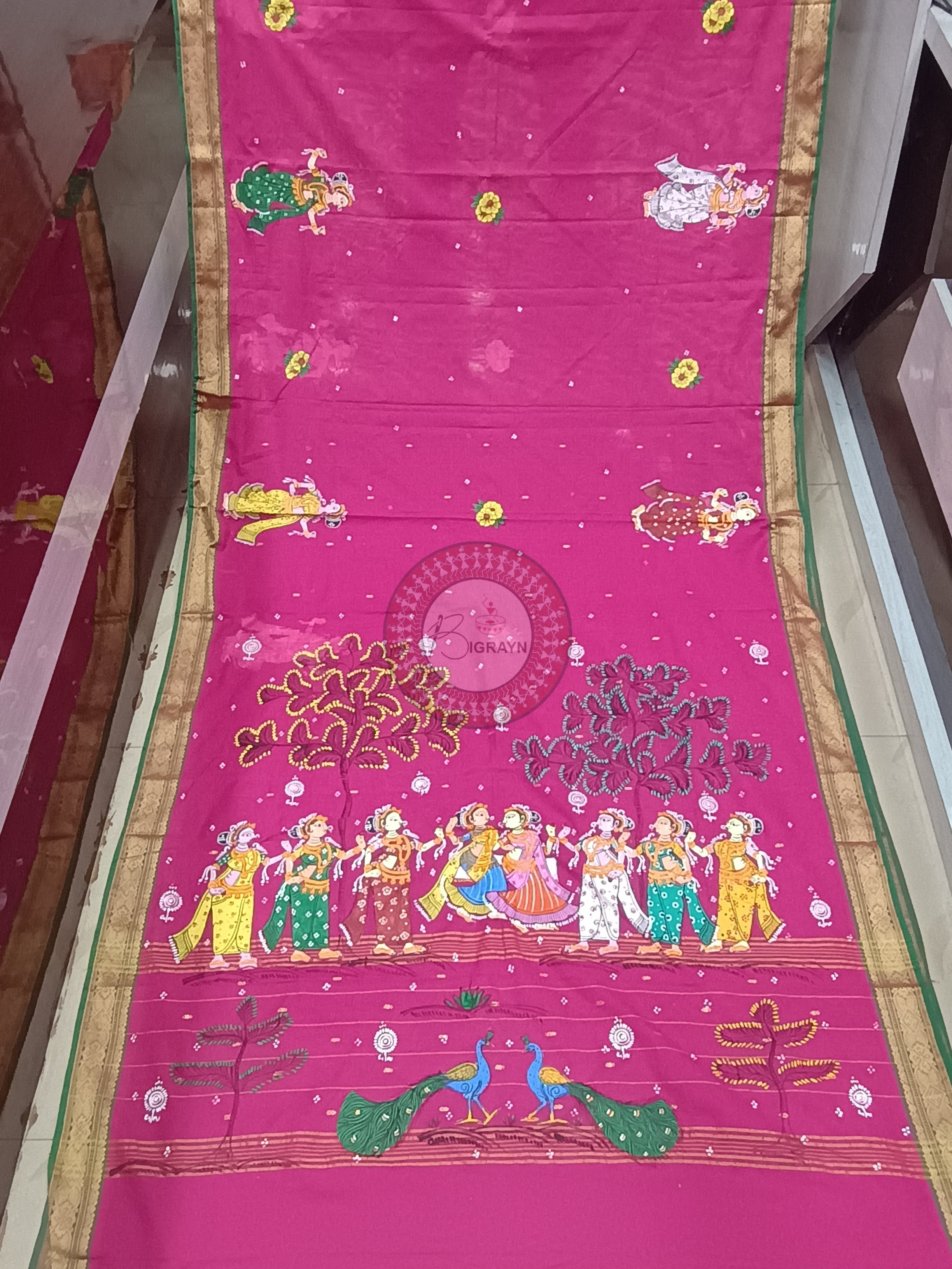 Pink Sakhi Rasa Theme Pattachitra South Cotton Saree