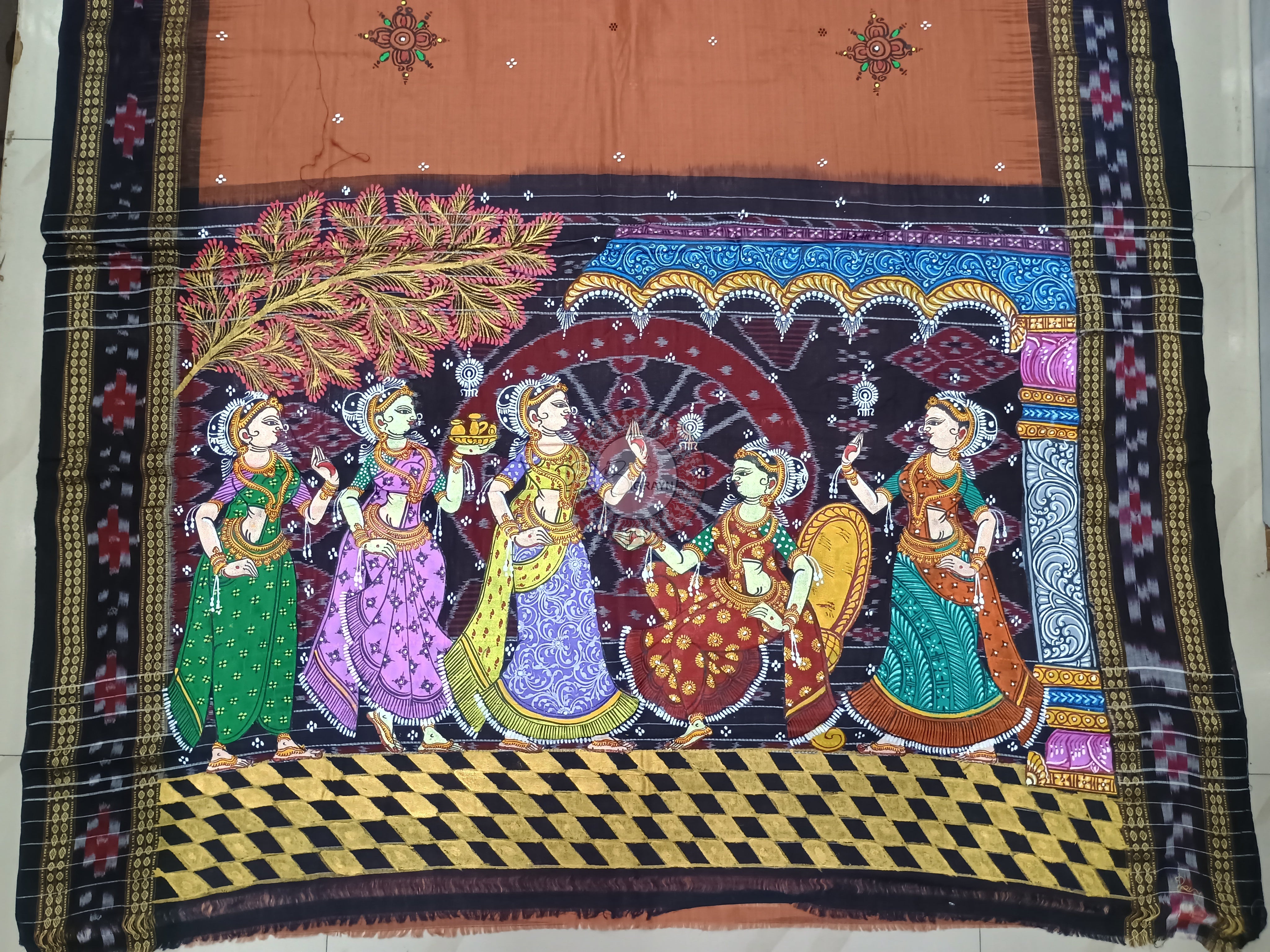 Brown Black Rasa Theme Pattachitra Cotton Saree